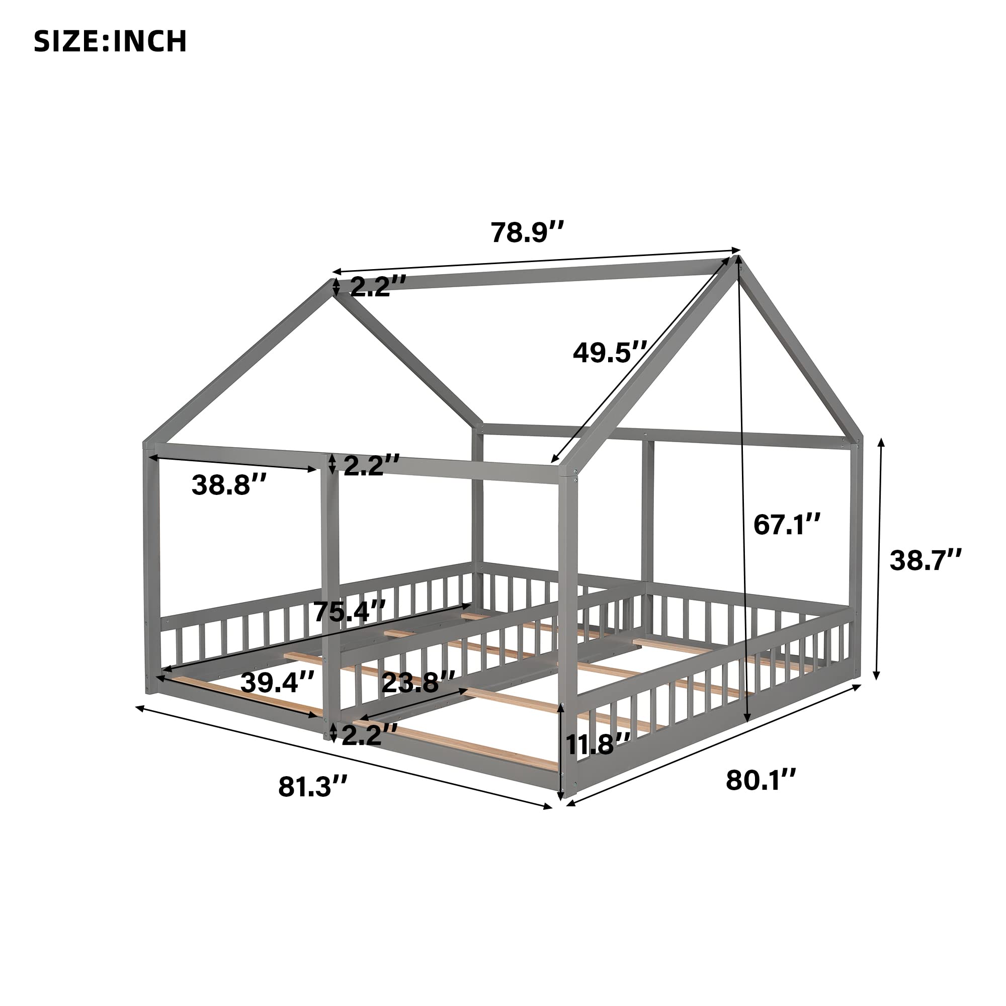 Twin Size House Platform Bed Frame - Solid Pine Wood Kids Bed with Roof - Gray - Perfect for Shared Bedrooms, Playrooms, and Cozy Sleepovers