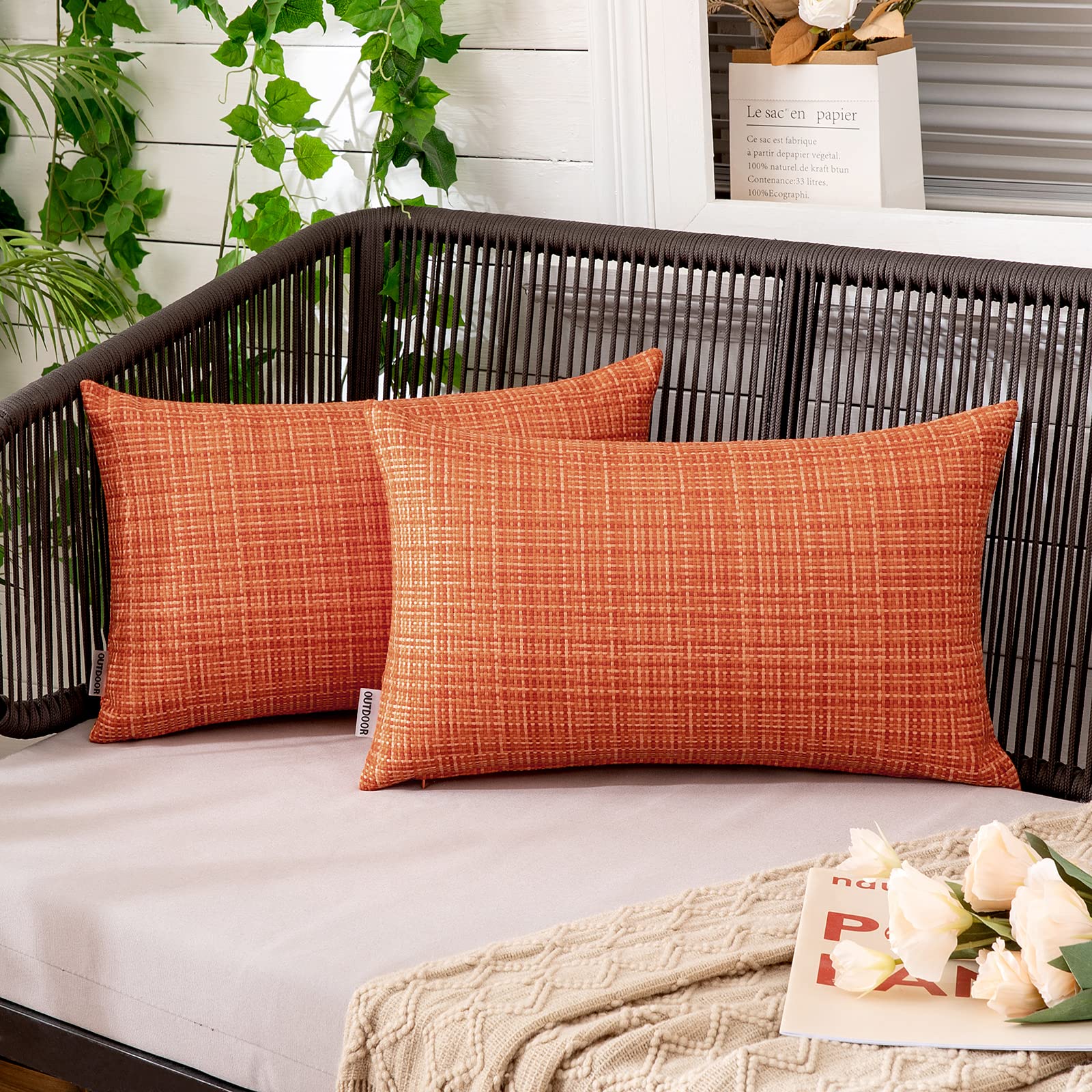 MIULEE Waterproof Outdoor Throw Pillow Covers 12x20 Inch - Farmhouse Decorative Cushion Covers for Patio, Garden, Tent, Sofa & Couch (Pack of 2, Orange) - Perfect for Outdoor Furniture, Camping & Home Decor