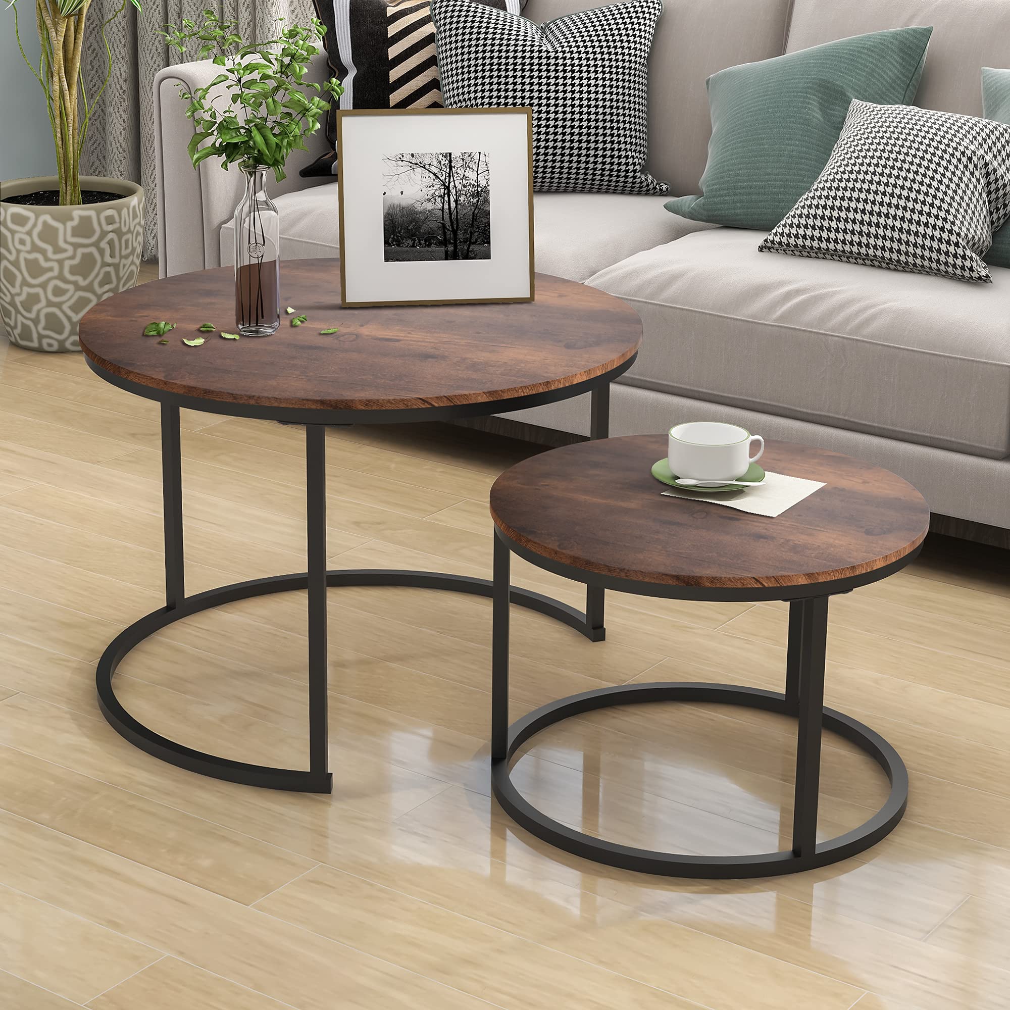 Industrial Round Coffee Table Set of 2 - Wood Look End Tables with Metal Frame for Living Room - Stackable Side Tables, Sturdy & Easy Assembly - Black & Rustic Brown - Perfect for Small Spaces, Home Decor, and Modern Interior Design