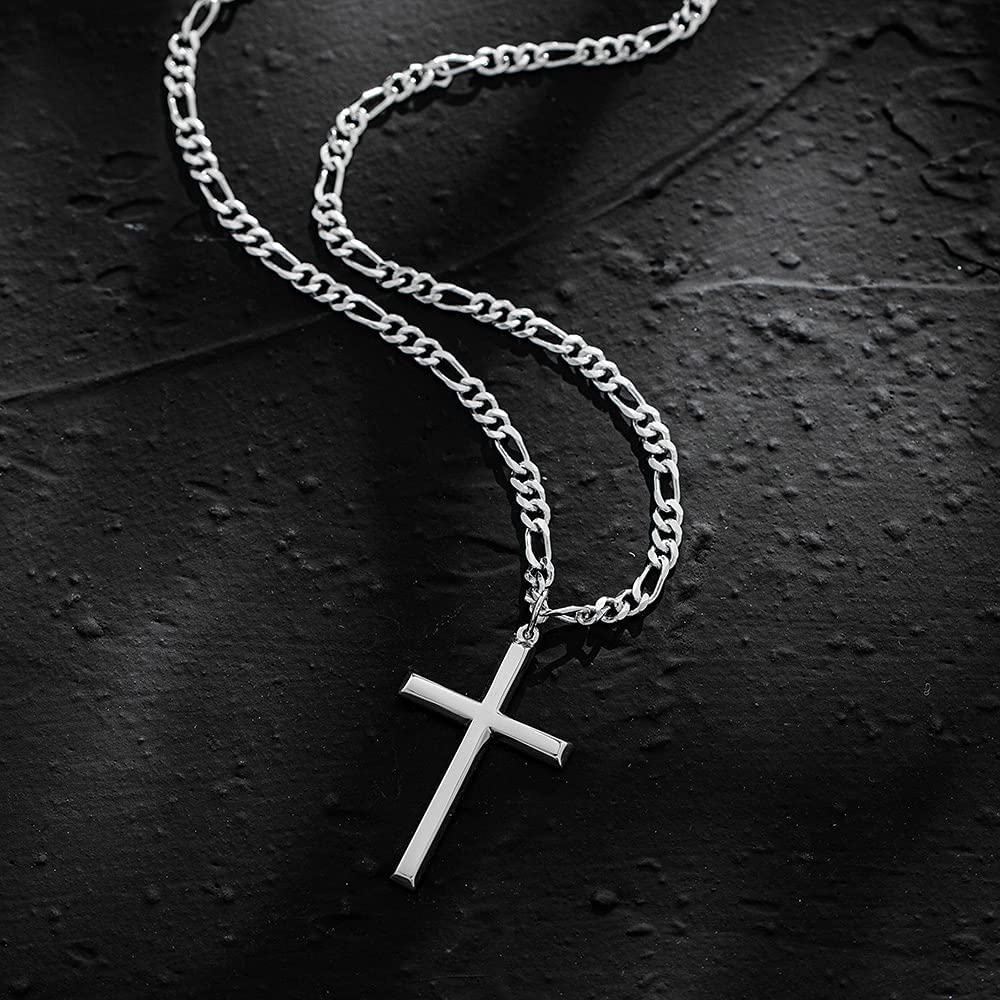 FANCIME 925 Sterling Silver Cross Pendant Necklace for Men - White Gold Plated, 4mm Figaro Chain, 24 Inch - Religious Jewelry Gift for Him - Perfect for Church, Weddings & Everyday Wear