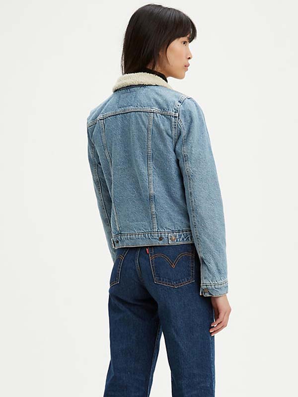 Levi's Women's Original Sherpa Trucker Denim Jacket in Divided Blue - Cozy Winter Layering & Casual Outfit Essential