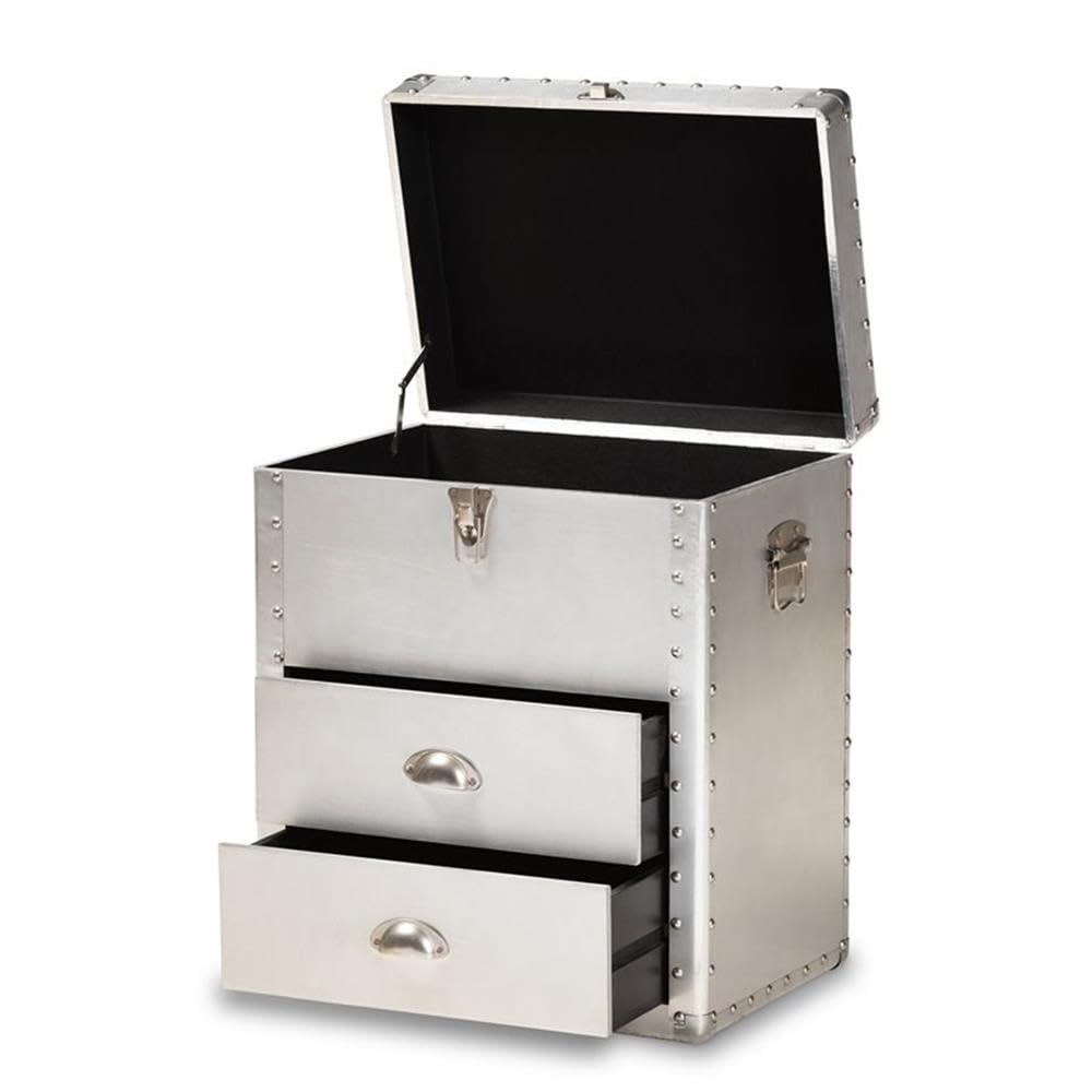 Baxton Studio Serge French Industrial Silver Metal 2-Drawer Accent Storage Chest - Vintage Style Bedroom Dresser for Clothes & Jewelry Organization