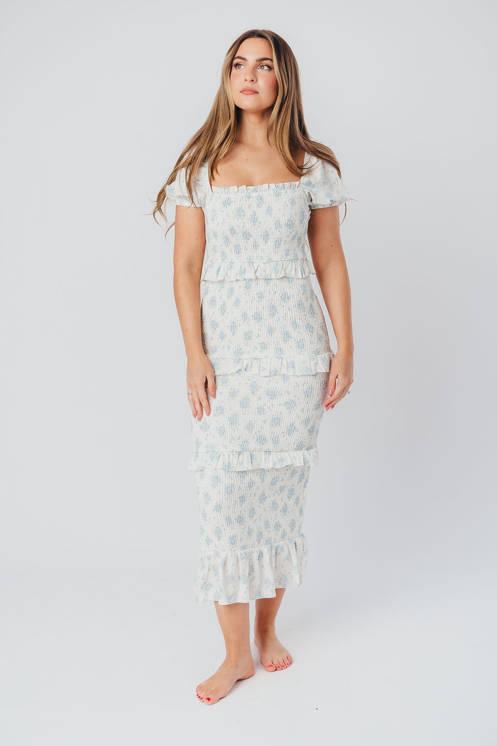 Ada Smocked Dress in Blue Floral - Bump Friendly Maternity Dress with Inclusive Sizing (S-3XL) | Perfect for Baby Showers, Bridal Events & Summer Weddings