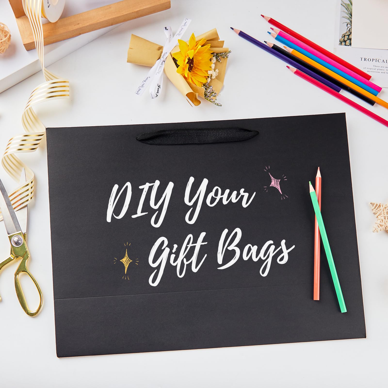 12 Pack 16 Inch Extra Large Black Kraft Paper Gift Bags with Ribbon Handles & Tissue Paper - 16x6x12 Inches - Perfect for Holiday Gifts, Retail Merchandising & Party Favors