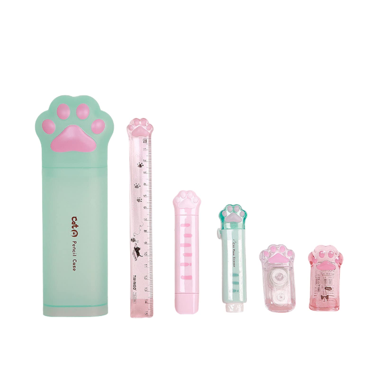 6-Piece Kawaii Cat Paw Stationery Set - Pencil Case, Sharpener, Correction Tape, Eraser - Cute School Supplies for Girls & Cat Lovers (Green) | Perfect for School, Office & Gift Giving
