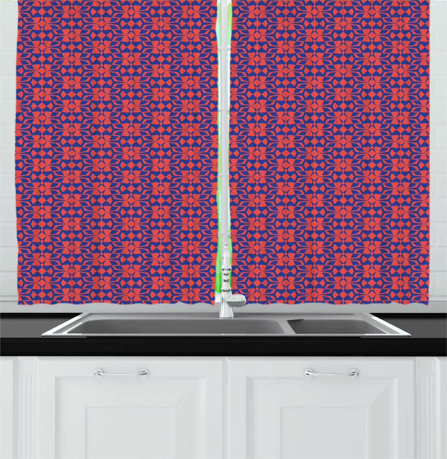 Ambesonne Abstract Long Kitchen Curtains - Retro Geometric Grid Design in Royal Blue & Dark Coral - 55