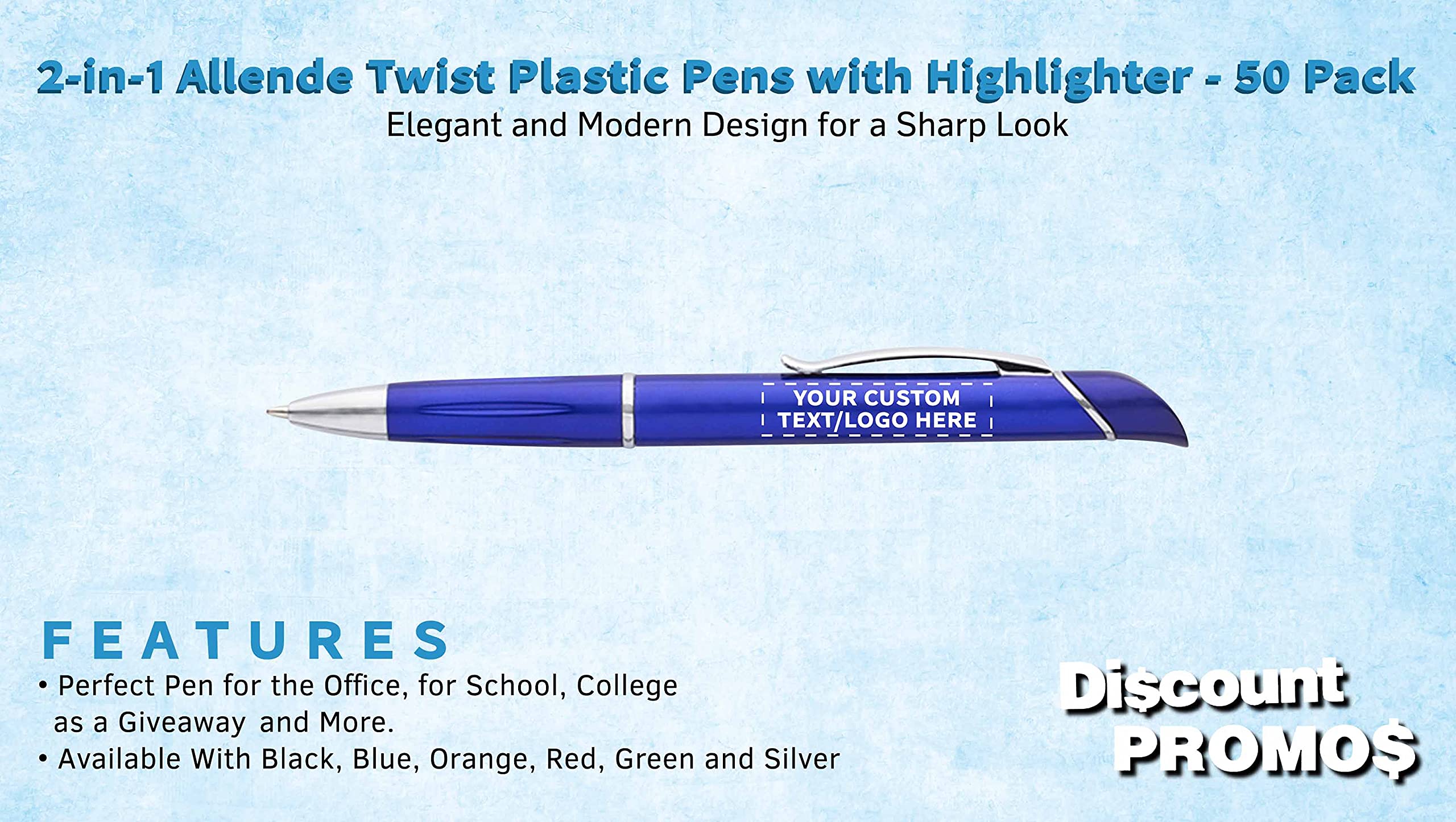 50 Pack Allende Twist Plastic Pens with Highlighter - Custom Text & Logo Printing - Durable Black Ink Office & School Supplies for Business Promotions, Note Taking & Gift Giving