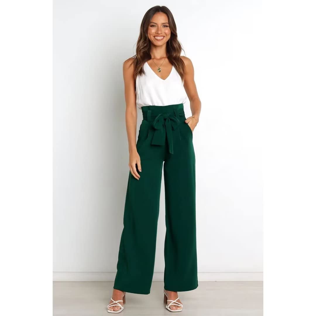 Women's Dress Pants - Wide Leg Smocked Waist Trousers with Adjustable Belt | Loose Straight Leg Flattering Pants for Office, Business Casual & Formal Occasions