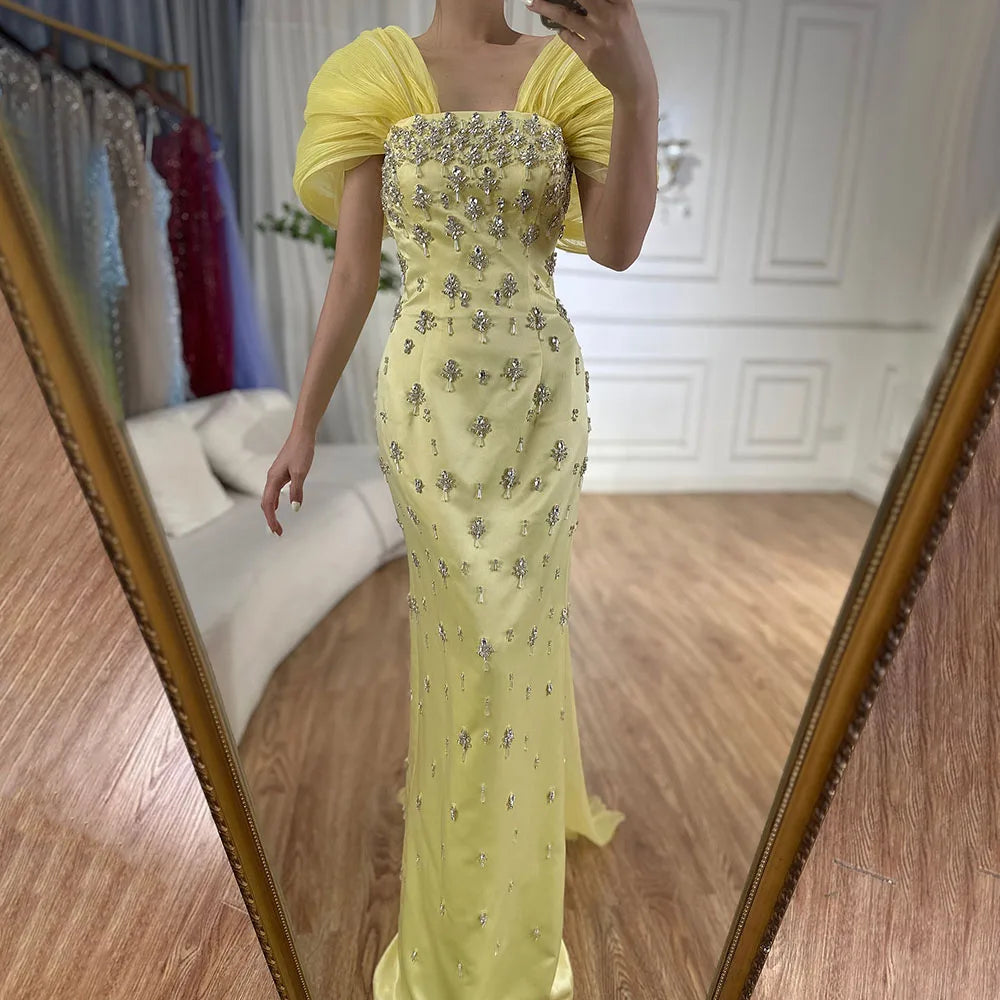 Elegant Yellow Beaded Evening Gown Dubai Style Arabic Formal Dress for Women - Perfect for Weddings, Galas & Special Occasions