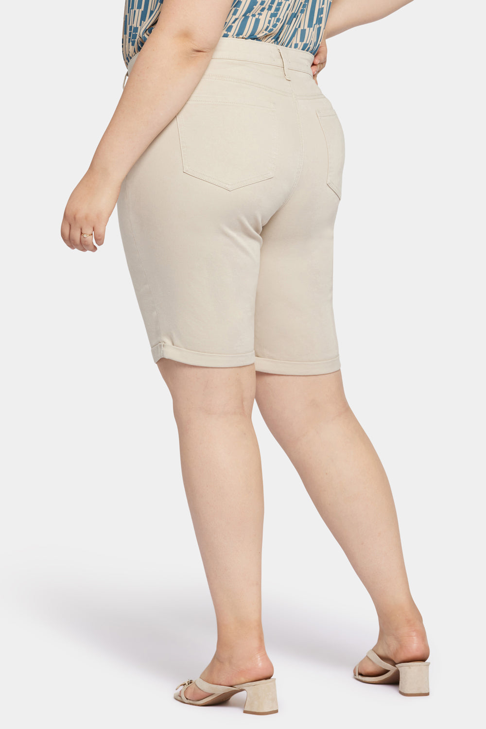 Briella 11 Inch Denim Shorts for Women - Plus Size High Waisted Stretch Shorts with Feather Embellishment | Casual Summer Outfit, Beach Wear & Street Style Fashion