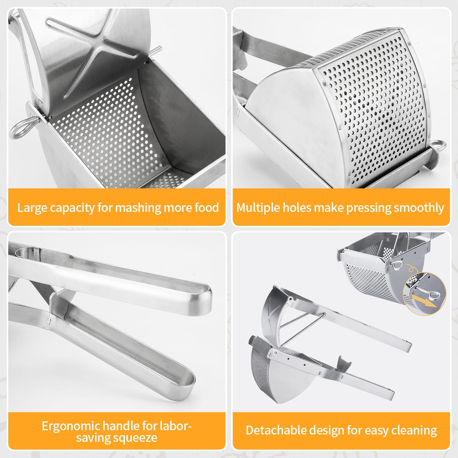 Premium Stainless Steel Potato Ricer & Masher - Heavy Duty Kitchen Tool for Smooth, Fluffy Mashed Potatoes, Purees & Fruit Juices | Perfect for Home Cooking, Baby Food Prep & Restaurant Use