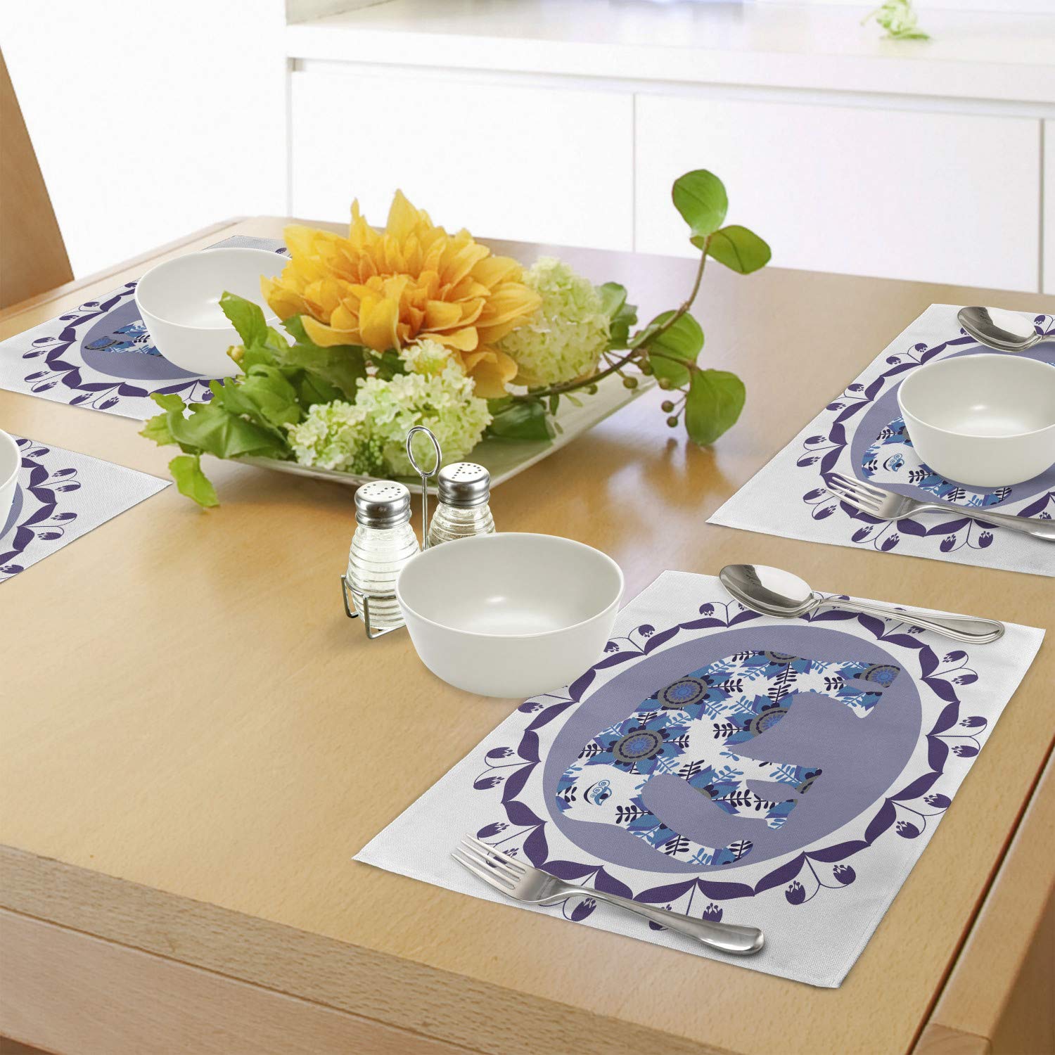 Ambesonne Floral Placemats Set of 4 - Elephant & Tulip Flower Pattern Round Washable Fabric Dining Table Mats, Standard Size in White Lilac & Blue - Perfect for Home Decor, Dinner Parties & Everyday Use
