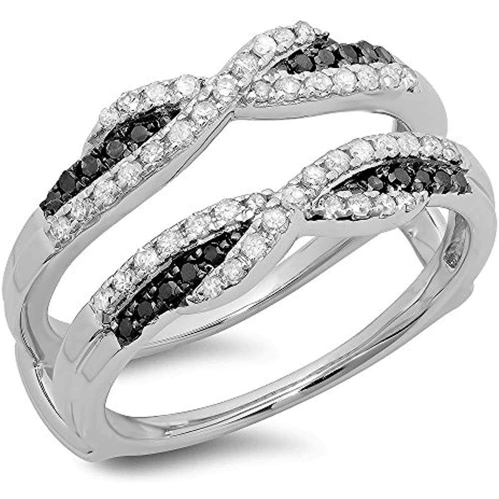 14K White Gold Plated 925 Sterling Silver Round Cut Black & White Diamond Wedding Band Enhancer Ring for Women - Anniversary Gift, Bridal Jewelry, Stackable Ring Set for Special Occasions