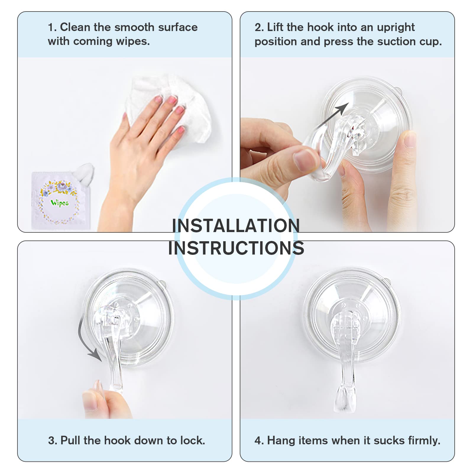 VIS'V Heavy Duty Clear Small Suction Cup Hooks with Wipes - 6 Pack, Removable & Reusable for Bathroom, Kitchen, Dorm, Office Organization