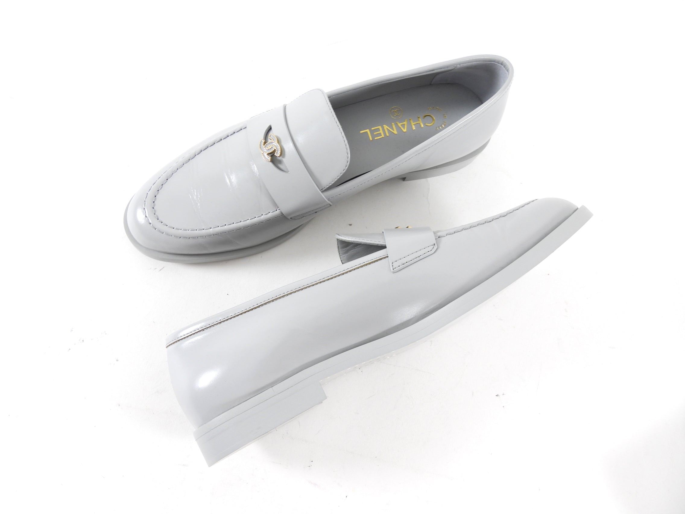 Chanel Putty Grey Glossed Leather CC Loafer Shoes Size 39.5 - Luxury Women's Slip-On Flats for Office, Party & Casual Wear