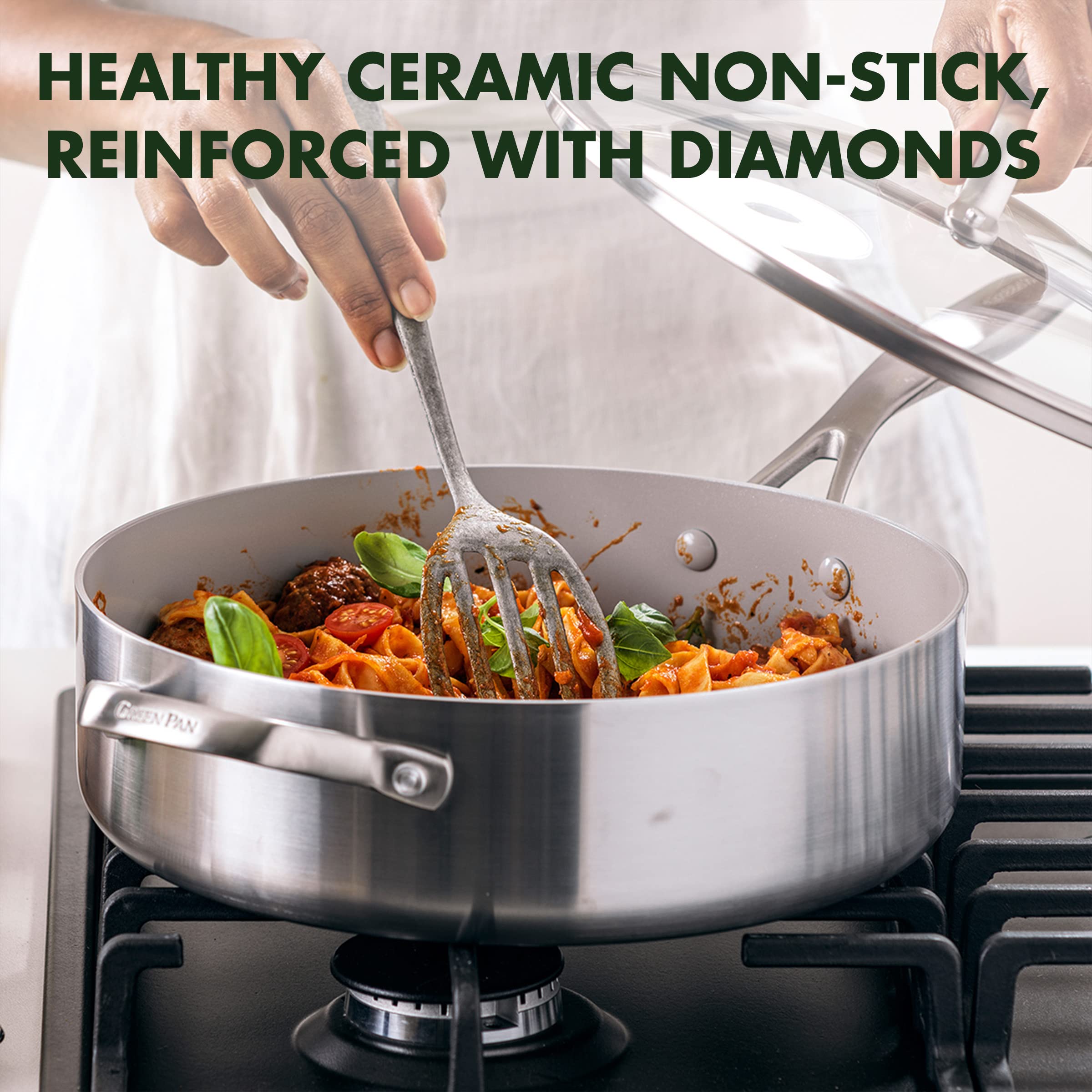 GreenPan Venice Pro Tri-Ply Stainless Steel Healthy Ceramic Nonstick 5QT Saute Pan with Helper Handle & Lid - PFAS-Free, Multi-Clad, Induction Compatible, Dishwasher & Oven Safe - Perfect for Sautéing, Frying & Cooking Family Meals
