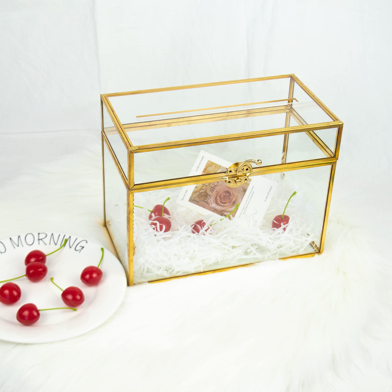 Elegant Gold Glass Card Holder - Rectangle Wedding Envelope Box with Slot & Foot, Perfect for Reception, Party Centerpiece, Gift Card Display & Home Decor