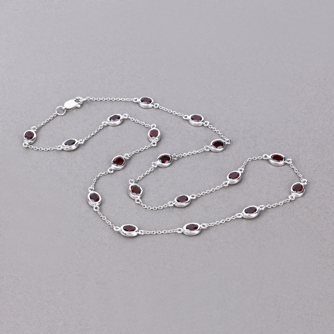 Authentic Garnet Beaded Necklace - 18 Inch Adjustable Sterling Silver Chain for Women | Perfect for Casual Wear, Office & Special Occasions