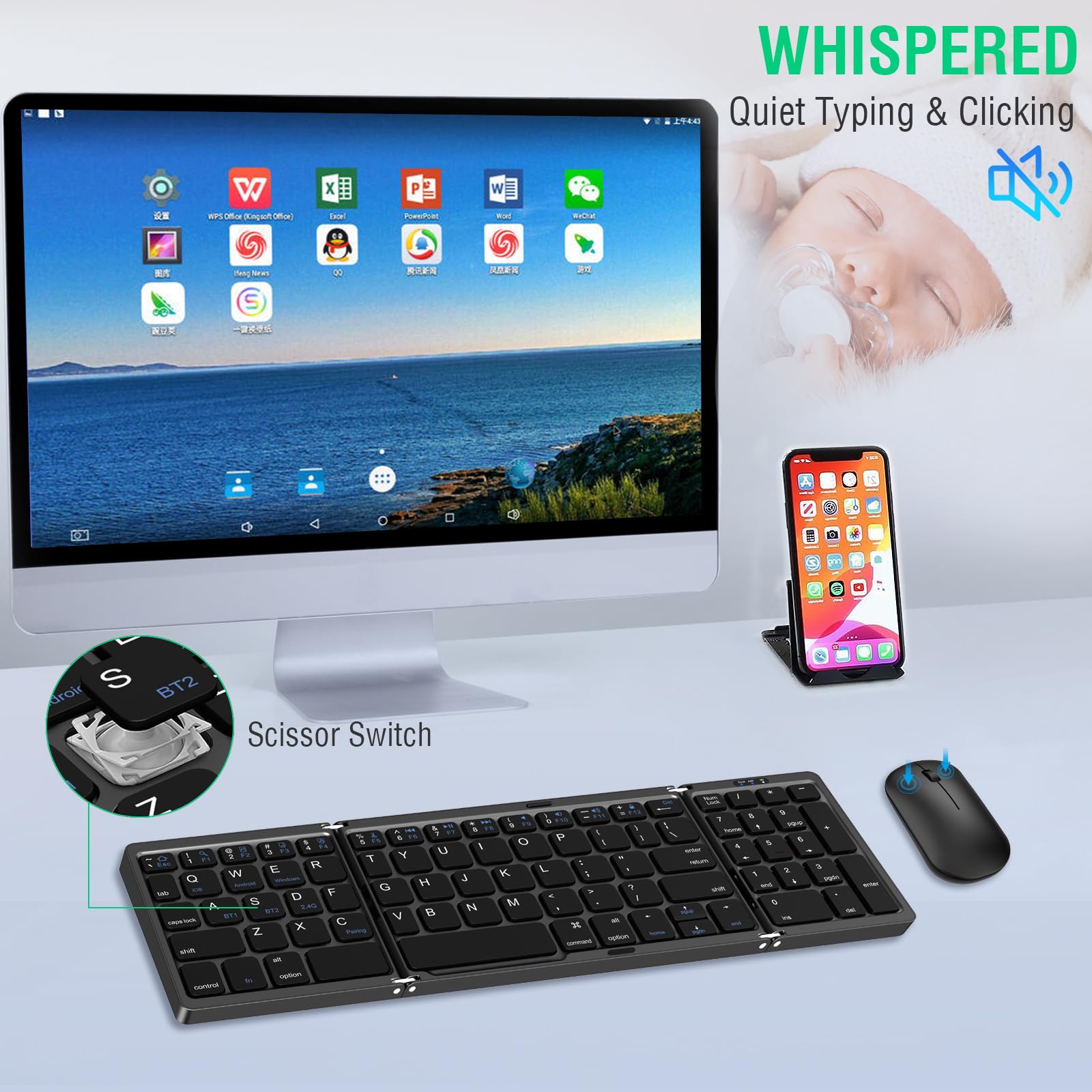 Foldable Wireless Keyboard and Mouse Combo - EDJO Portable 2.4G+Bluetooth Rechargeable Keyboard Mouse Set with Carrying Case for Windows/Mac/iOS/Android - Perfect for Travel, Office & Home Use with Laptop/PC/Tablet