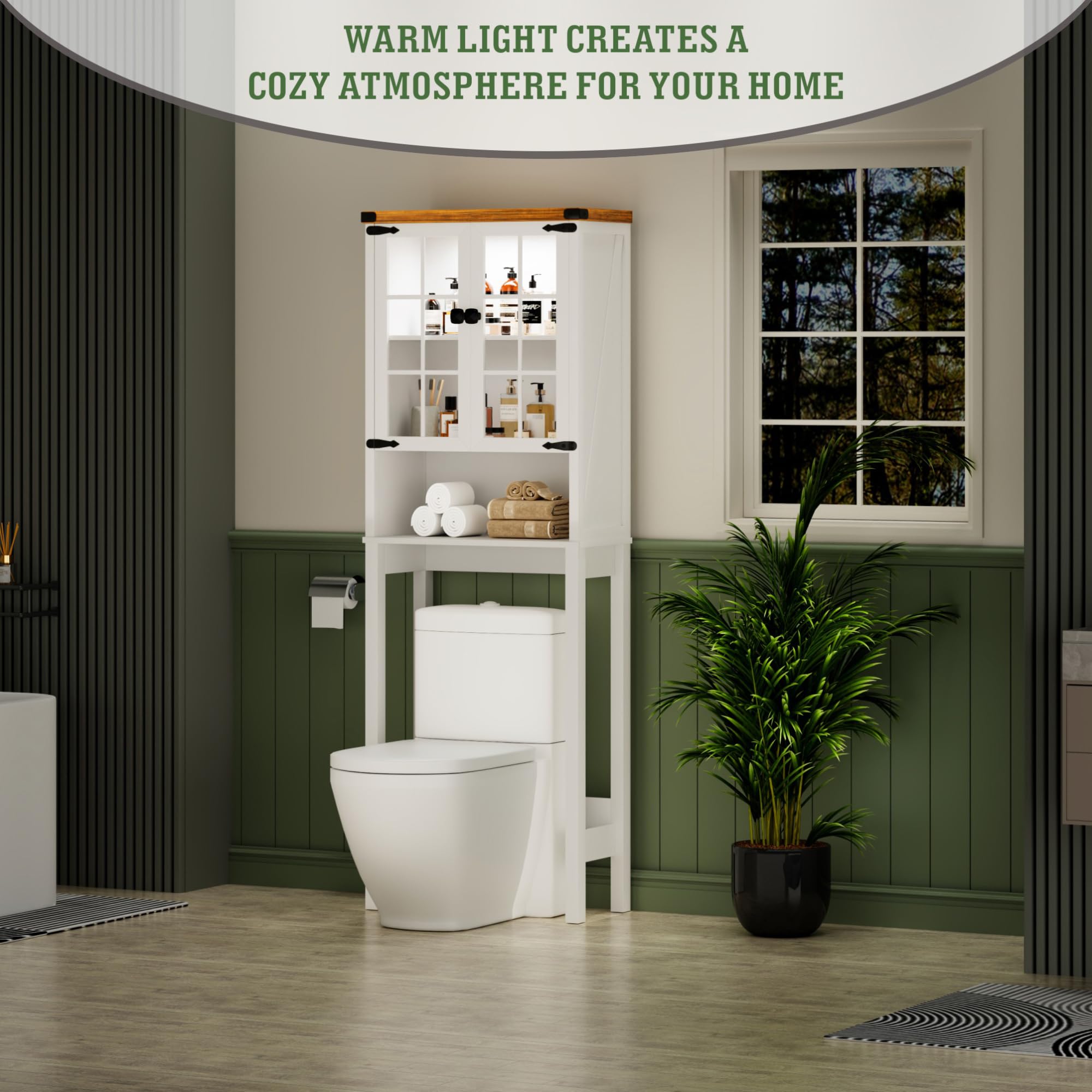 Farmhouse Over The Toilet Storage Cabinet with Shelves & Doors - White Free-Standing Bathroom Organizer with Anti-Tip Design & Ceiling Light - Perfect for Small Bathrooms, Apartments, and Space-Saving Storage Solutions