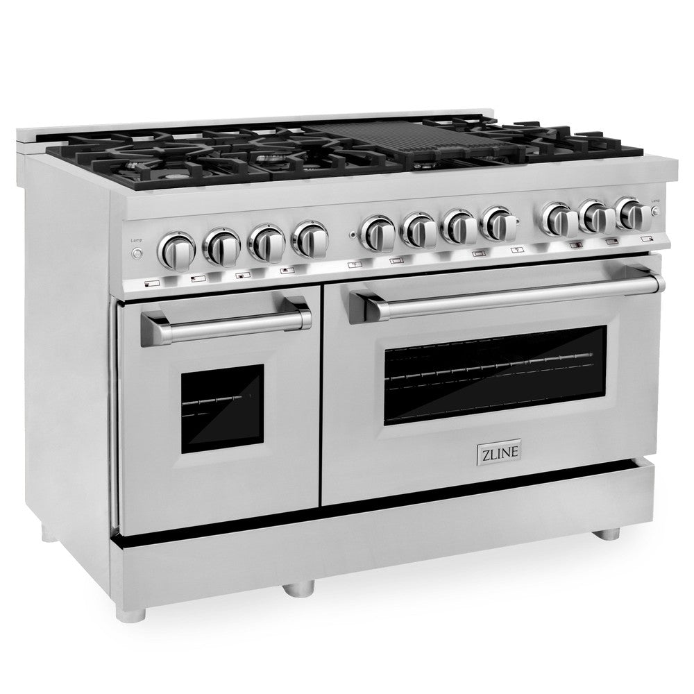 ZLINE 48-inch Stainless Steel Dual Fuel Range Kitchen Package with Convertible Range Hood & Dishwasher (3KP RARH48 DW) - Perfect for Modern Home Chefs & Open Concept Kitchens