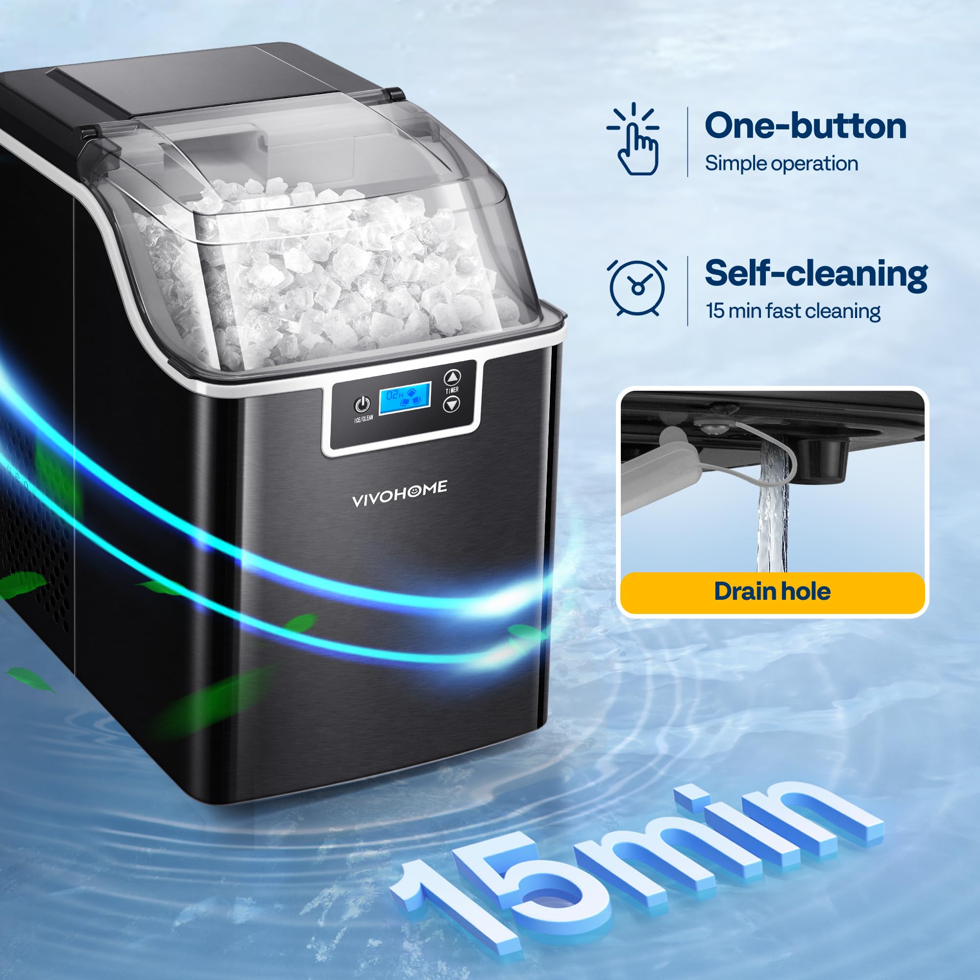 VIVOHOME Countertop Nugget Ice Maker Machine - 44lbs/Day Portable Pebble Ice Maker with Self-Cleaning, Soft Chewable Pellet Ice, Includes Scoop & 10 Ice Bags - Perfect for Home Kitchen, Office, RV, Camping, Parties & Outdoor Adventures