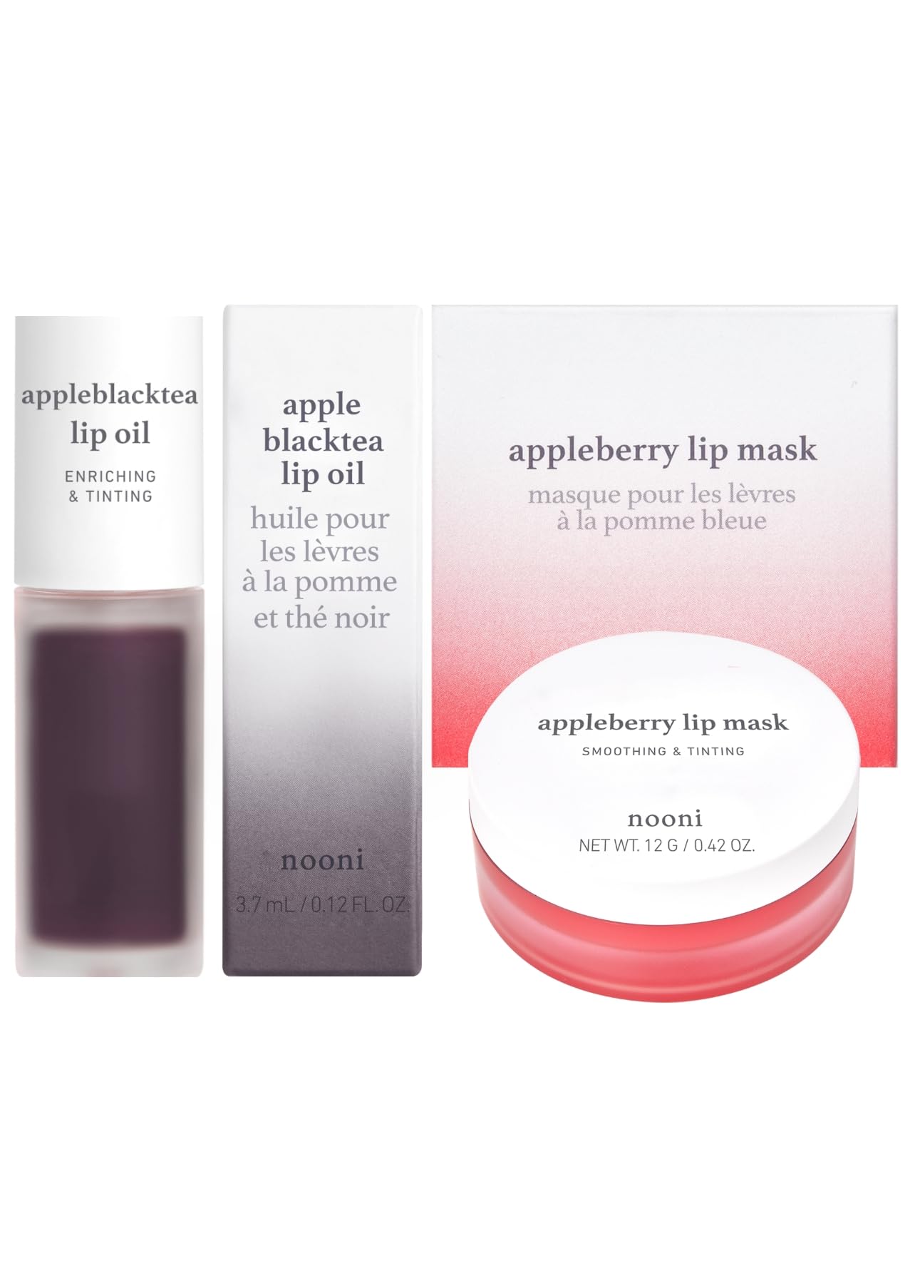 NOONI Korean Vegan Lip Oil & Lip Butter Balm Set - Apple Black Tea & Appleberry Flavor, 0.12 Fl Oz, Hydrating Lip Care for Dry Lips | Perfect for Daily Moisture, Night Treatment & Makeup Prep