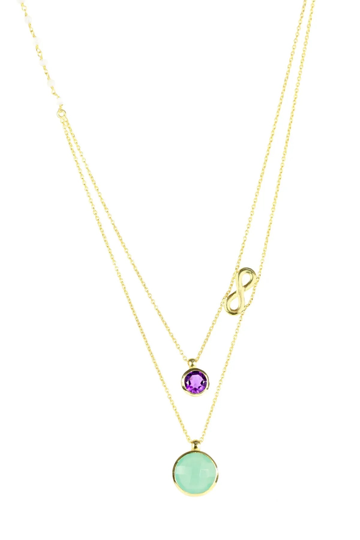 Aqua Chalcedony & Amethyst Double Layer Infinity Necklace for Women - Elegant Dainty Crystal Pendant Jewelry for Everyday Wear, Gift Giving & Special Occasions