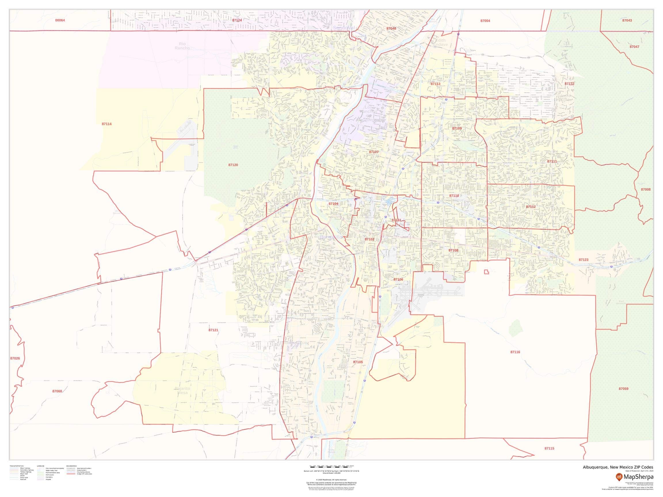 Albuquerque New Mexico Zip Code Map - 48x36 Inch Laminated Wall Poster for Home, Office & Classroom Decor | US Postal Codes Reference Guide