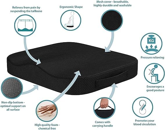 Premium Memory Foam Seat Cushion for Office Chairs - Ergonomic Coccyx Support with Non-Slip Bottom & Washable Cover - Portable Comfort for Home Office, Car, Wheelchair (Black) - Perfect for Long Sitting & Back Pain Relief