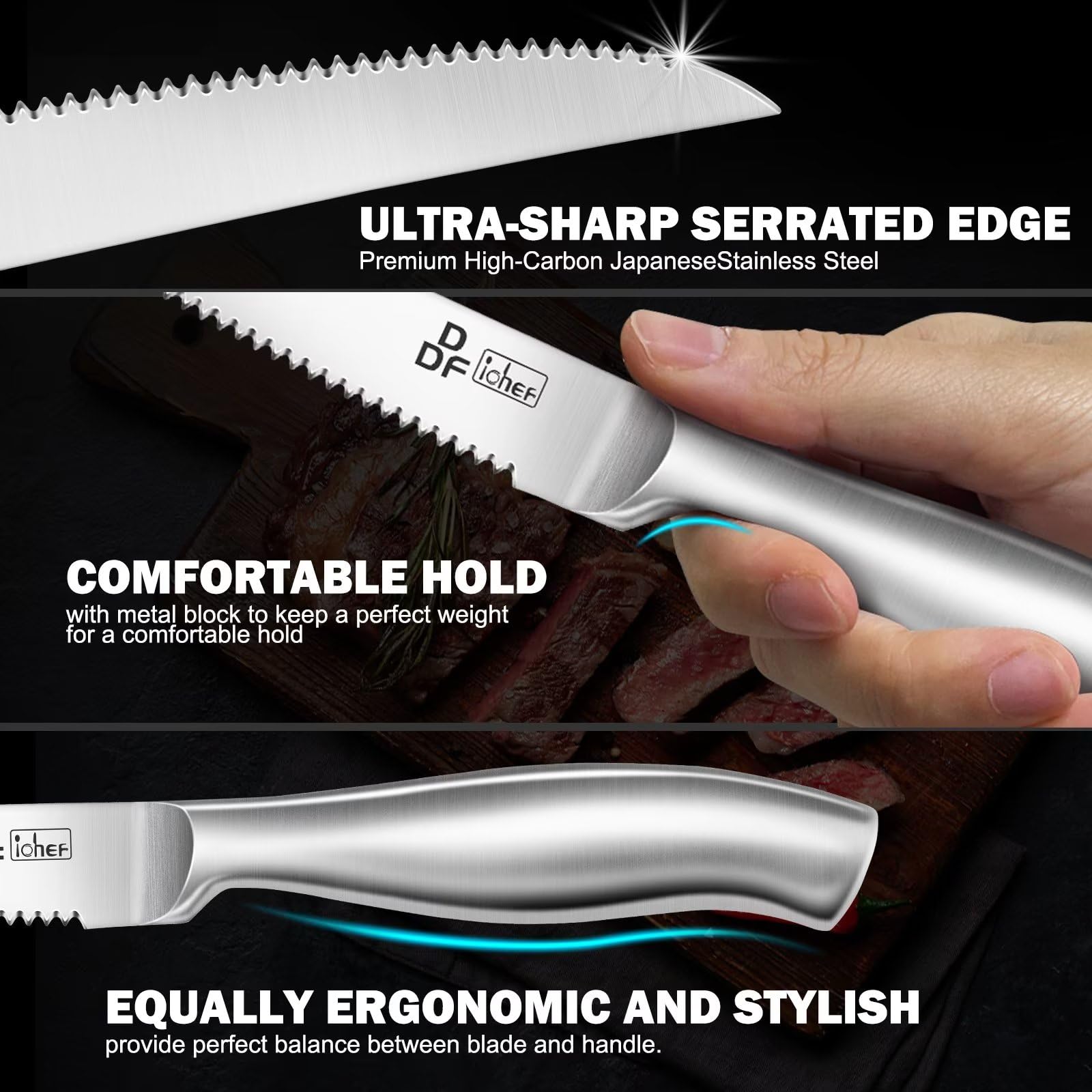 Premium DDF iohEF Steak Knife Set - 6-Piece High Carbon Japanese Stainless Steel Serrated Knives for Steak, Meat & BBQ - Perfect for Dinner Parties, Restaurants & Home Kitchens