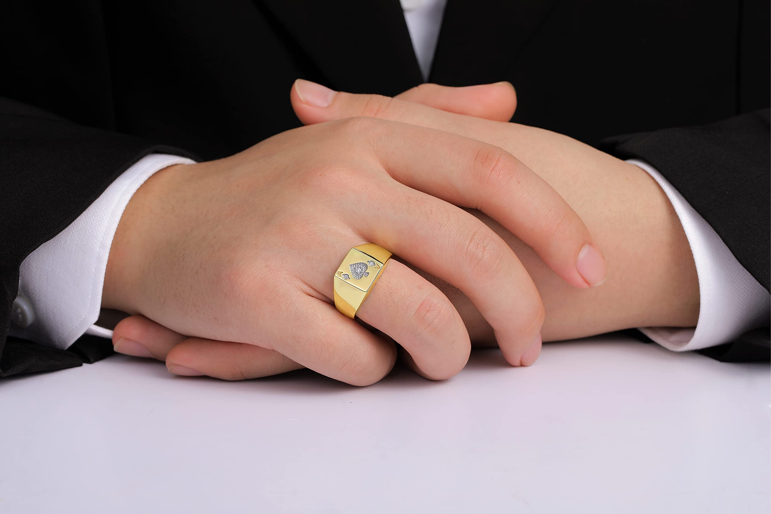 Lucky Ace of Spades Poker Ring with Diamond - Yellow Gold Plated Sterling Silver Gambling Jewelry for Men (Sizes 6-13) | Perfect Pinky Ring for Casino Nights, Poker Games & Gifts
