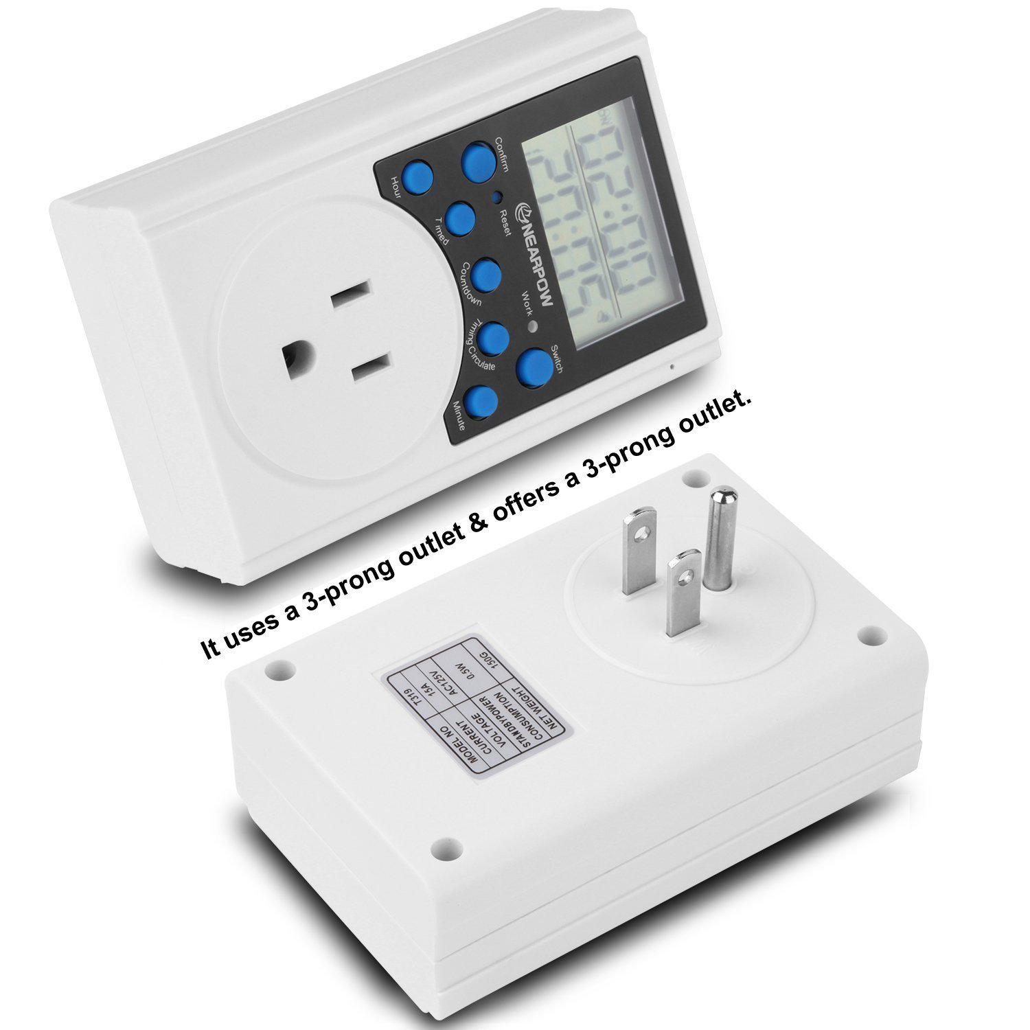 NEARPOW Dual Digital Outlet Timer with 2 Independent Controls - 15A/1800W Heavy Duty Electrical Timer Switch (3 Prong) - 24-Hour & 7-Day Programmable for Indoor Use - Perfect for Holiday Lights, Aquariums, Grow Lights & Home Automation