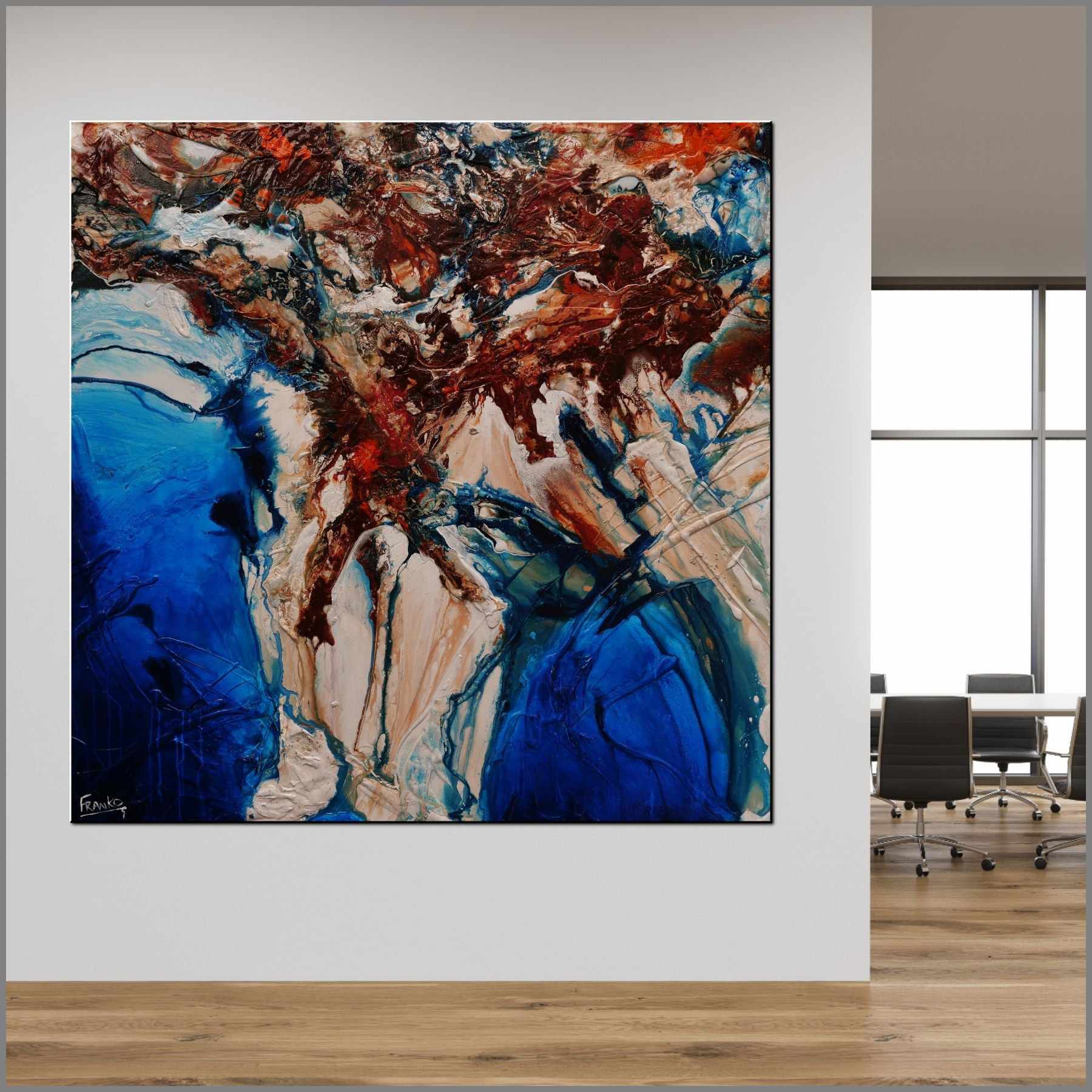 150cm x 150cm Orange White Blue Textured Abstract Coastal Painting - Modern Wall Art for Living Room, Bedroom & Office Decor