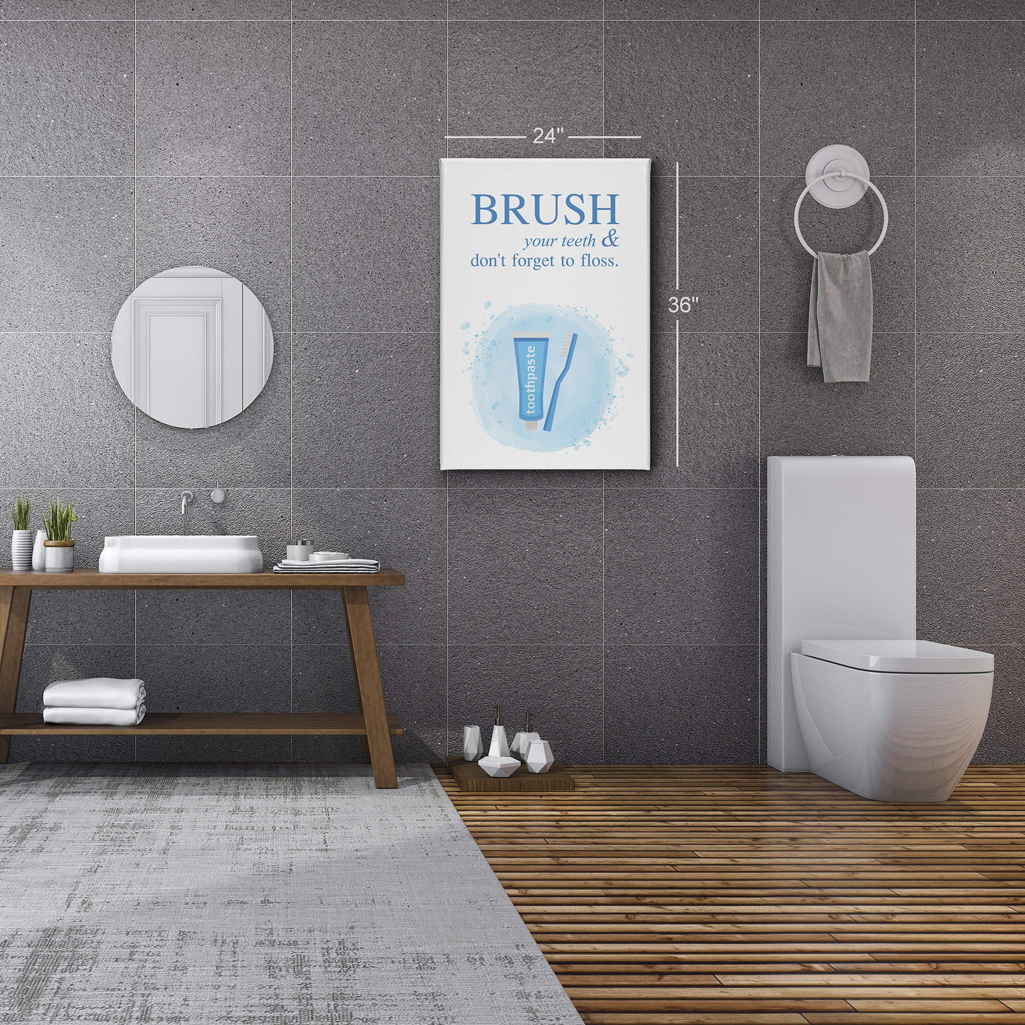 Smile Art Design 'Brush Your Teeth & Don't Forget to Floss' Funny Bathroom Canvas Print - 36x24 Inch Ready to Hang Wall Decor for Kids Bathroom, Nursery & Home - Made in USA | Perfect for Bathroom Humor & Dental Hygiene Reminder