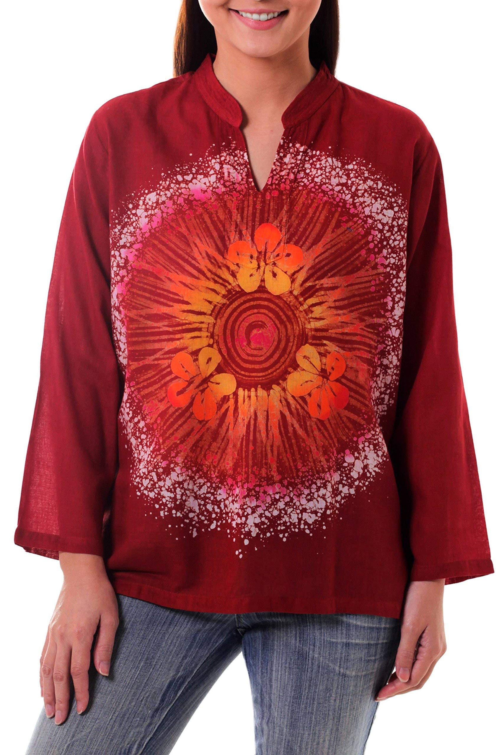 Handmade Cotton Batik Tunic for Women | Red Aurora Flame Floral Print | Thailand Artisan Craft | Boho Chic Top | Perfect for Beach Vacations, Summer Festivals & Casual Wear