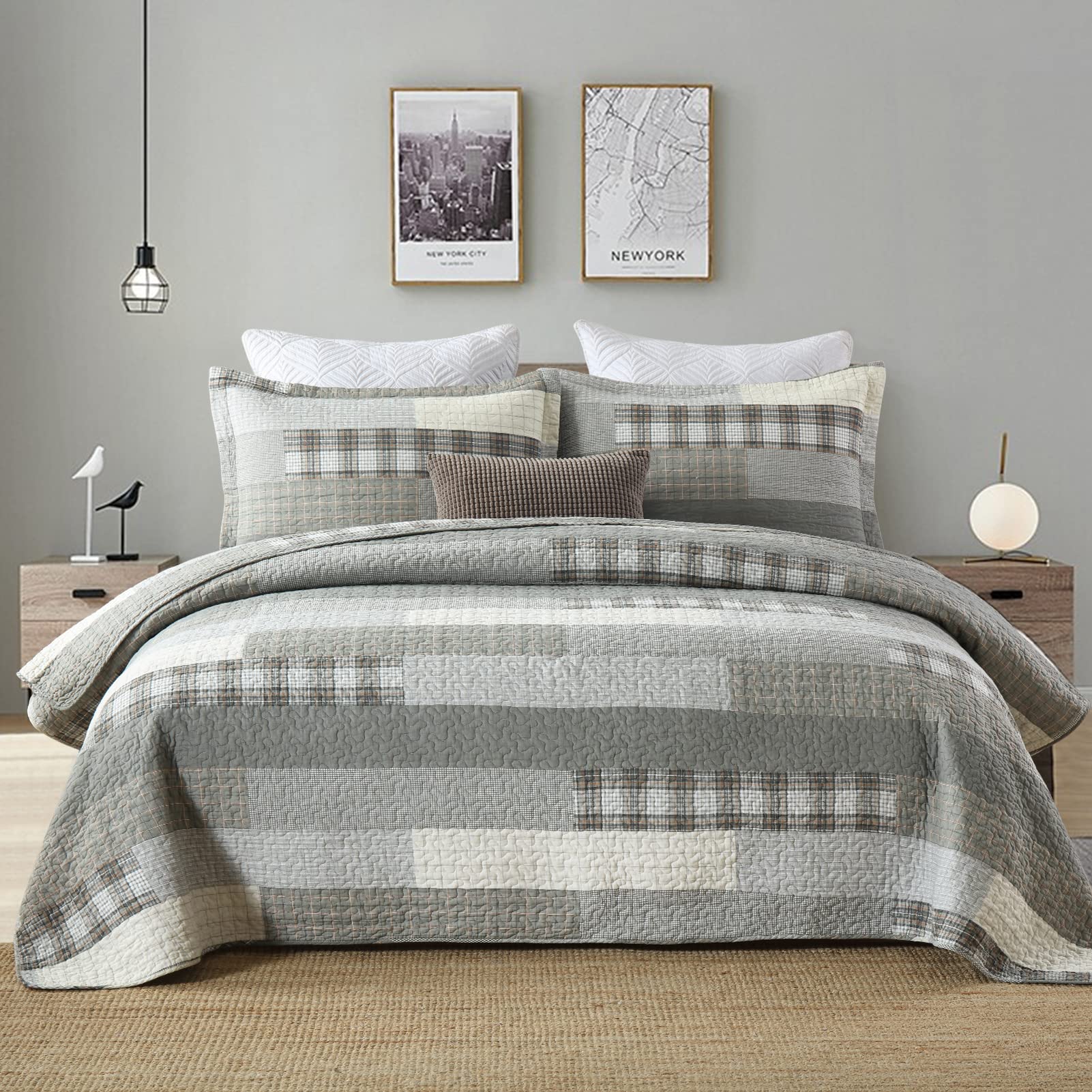 SahSahCasa 100% Cotton Queen Size Quilt Set - Reversible Patchwork Lightweight Plaid Bedspread (3-Piece, Grey/Cream) | Farmhouse Style All-Season Bedding for Master Bedroom, Guest Room & Cozy Home Decor