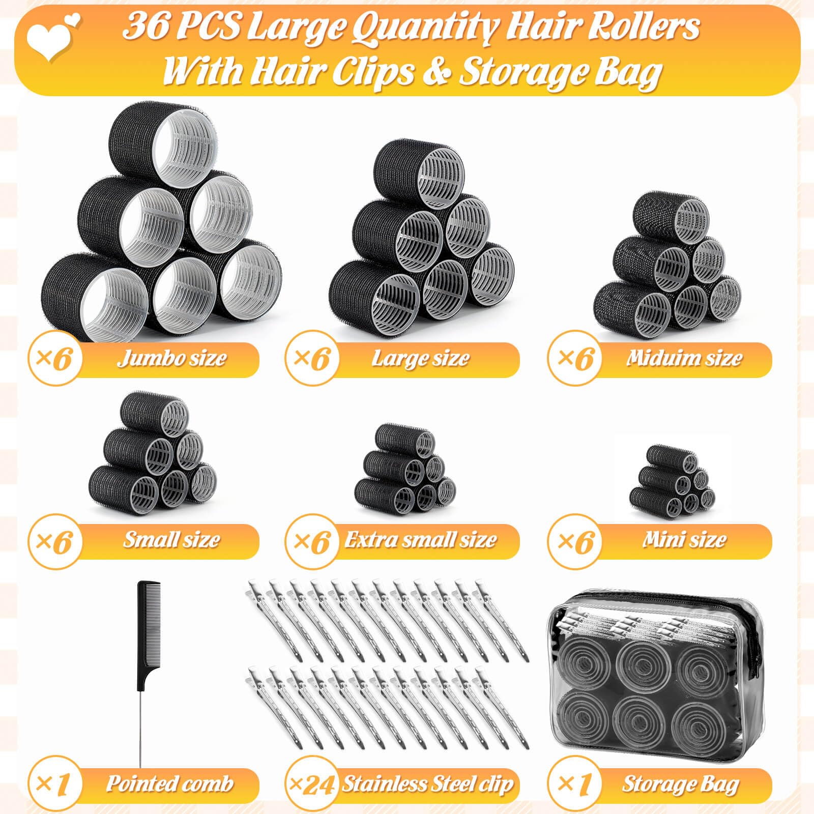 6 Size Hair Rollers for Women - 62 Pcs Self Grip Hair Curlers Set for Long, Medium & Short Hair with 36 Rollers, 24 Stainless Steel Clips & Storage Bag | Perfect for Home Salon, Styling, and Creating Voluminous Curls