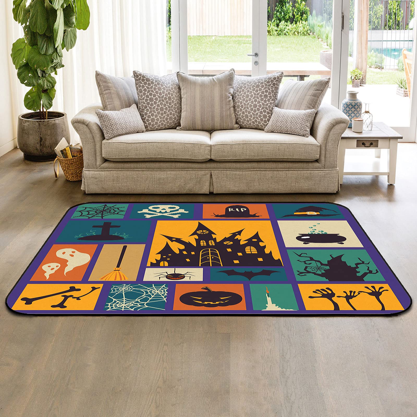 5' x 8' Modern Large Area Rugs - Soft Nursery Carpet for Kids Room, Halloween Themed Puzzle Floor Mat with Ghost & Pumpkin Design - Perfect for Living Room, Bedroom, Playroom Indoor/Outdoor Use