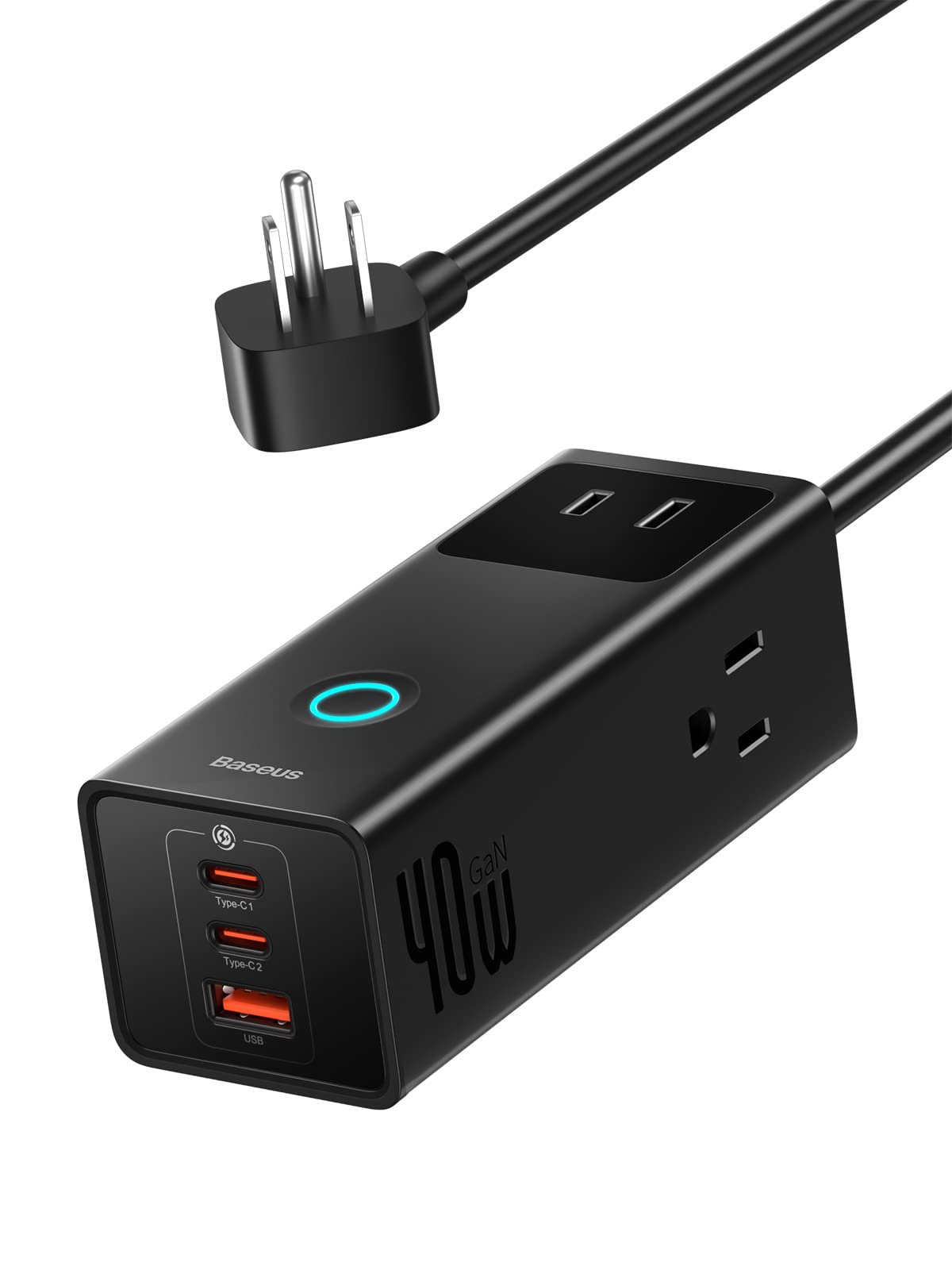 Baseus 6-in-1 Power Strip with Surge Protection (1200J) & 40W USB-C Fast Charging - 3 AC Outlets & 3 USB Ports Extension Cord for Home Office, Dorm Room, Gaming Setup & Travel Charging Station