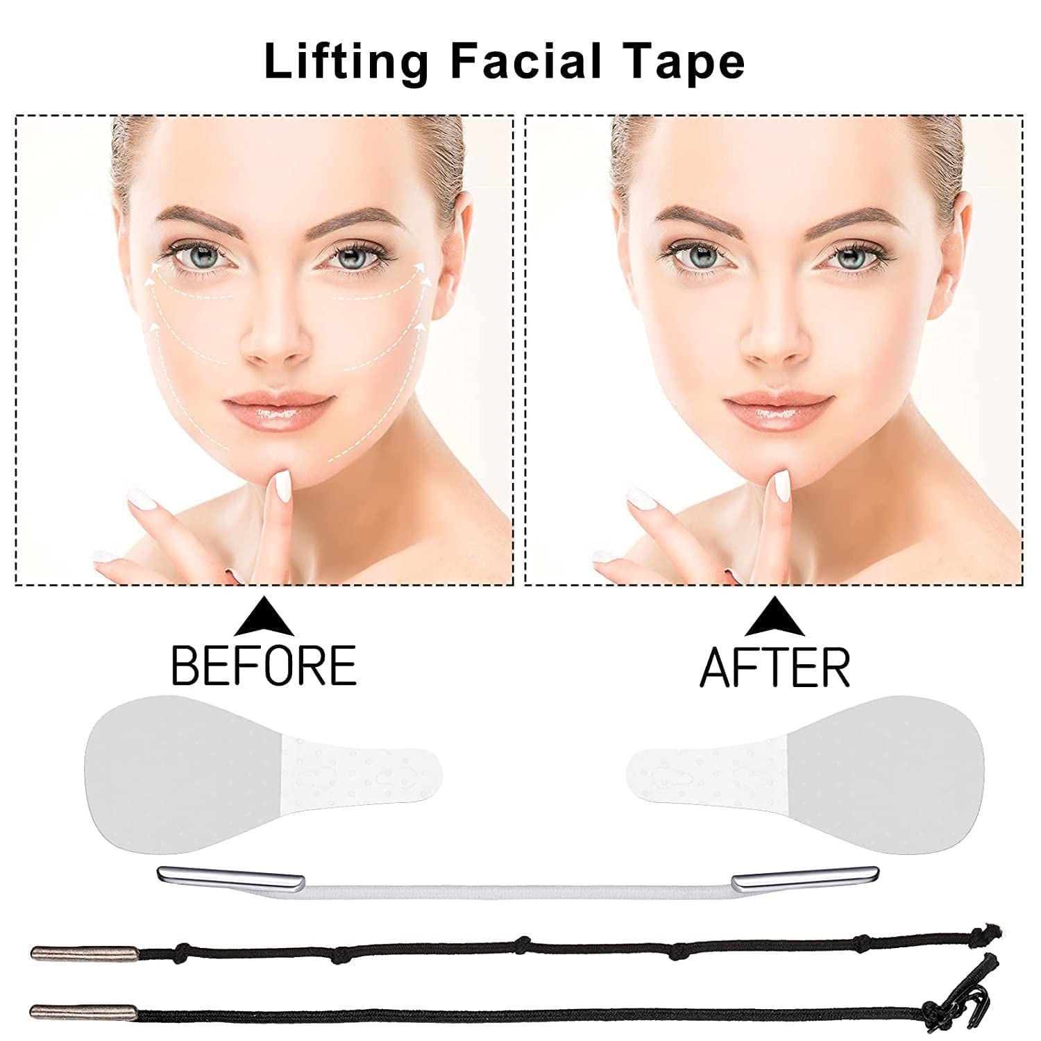 GLNRM Invisible Face Lift Tape - Instant Facelift Sticker for Double Chin, Wrinkles & Saggy Skin - 40pcs with Elastic Bands - Perfect for Lifting, Tightening & Enhancing Facial Contour - Ideal for Daily Use, Special Events & Photo Shoots