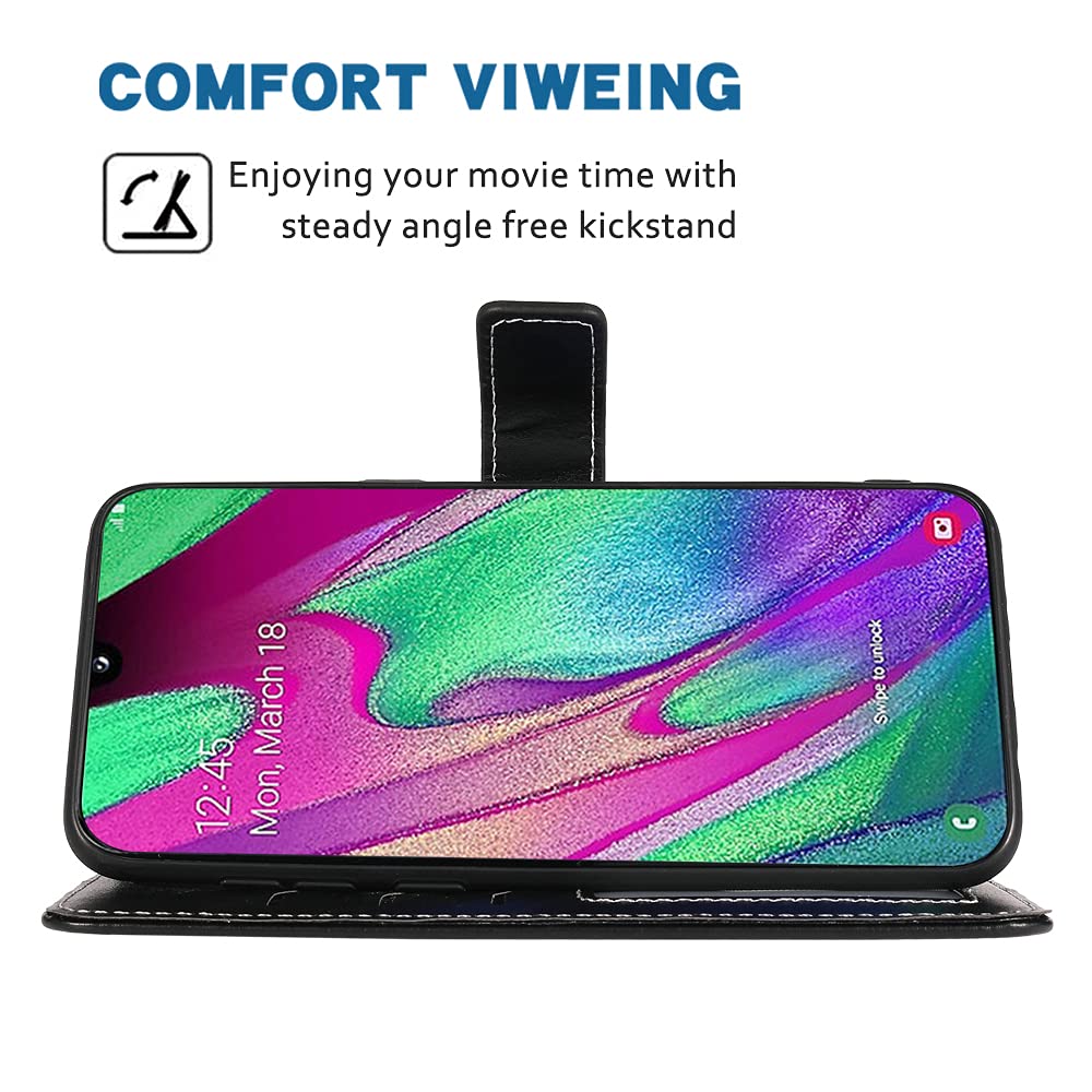 Samsung Galaxy A40 Wallet Case with Wrist Strap & Card Holder - Leather Flip Cover Stand Case for Women & Men (Black) | Perfect for Travel, Work & Everyday Use