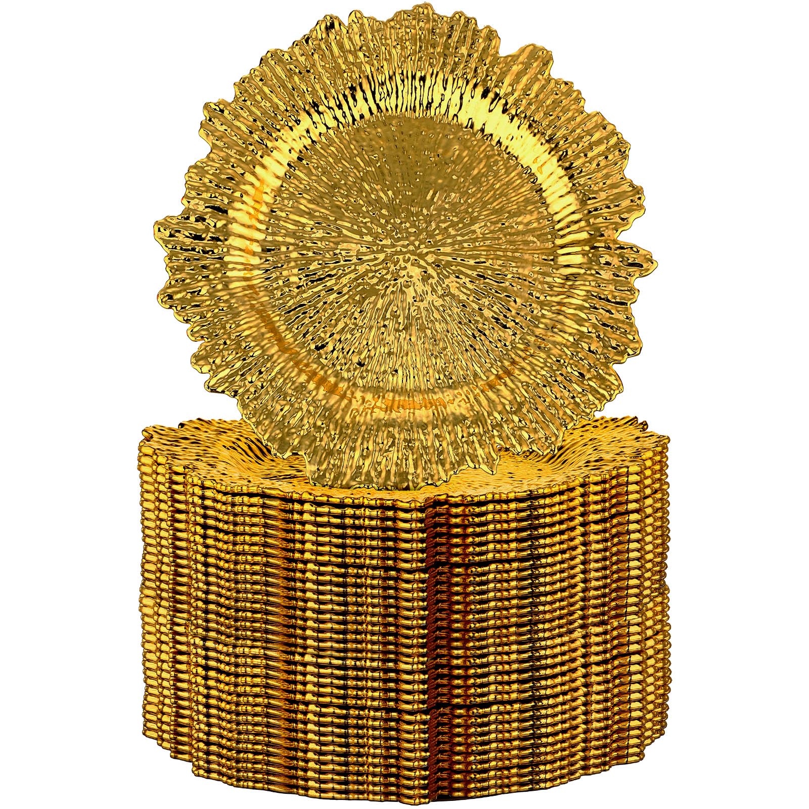 32 Pack Gold Charger Plates Set - 13 Inch Floral Plastic Decorative Dinner Plates for Wedding, Party & Table Setting - Elegant Reef Chargers Serving Trays for Formal Dining & Special Occasions