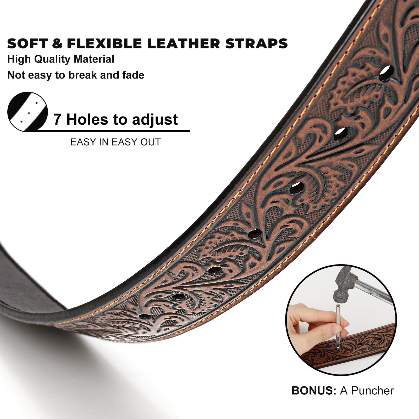 Western Leather Buckle Belt for Men & Women - Genuine Cowboy Cowgirl Belt with Adjustable Buckle for Jeans & Pants | Perfect Christmas Gift for Him & Her | Ideal for Rodeo, Country Style & Everyday Wear