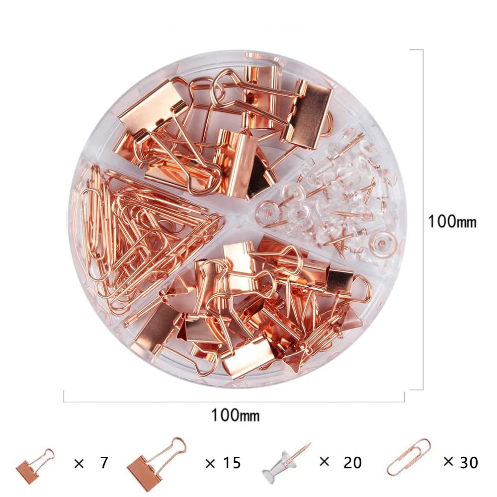 Premium Rose Gold Paper Clips & Binder Clips Set - Assorted Sizes Metal Office Supplies with Push Pins for Desk Organization | Perfect for Home Office, School Projects & Document Filing