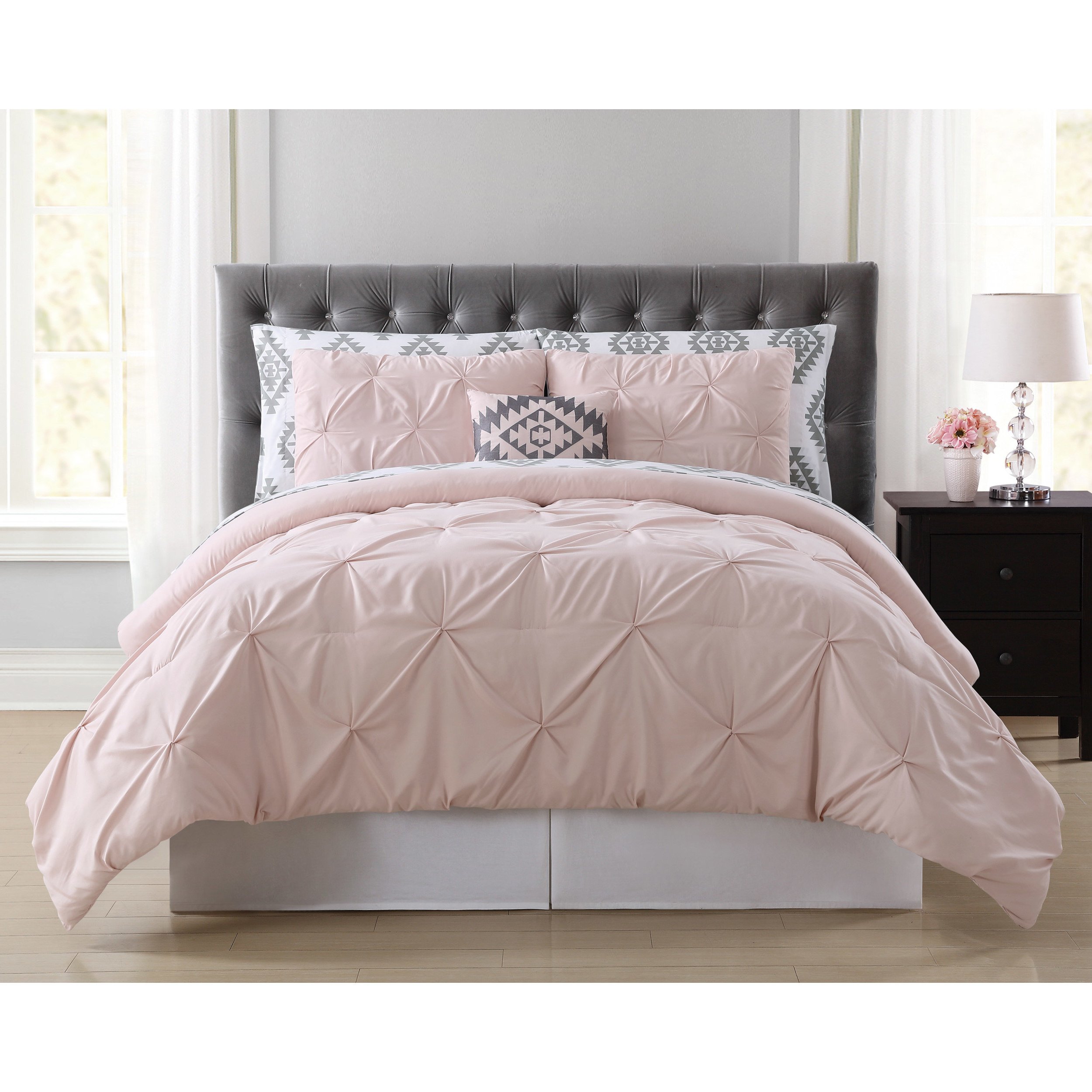 7-Piece Girls' White & Light Pink Pinch Pleated Comforter Set - Full Size Pintuck Diamond Tufted Bedding with Aztec Ikat Tribal Motif - Soft Microfiber Textured Pattern for Kids' Bedroom Decor & Cozy Sleep