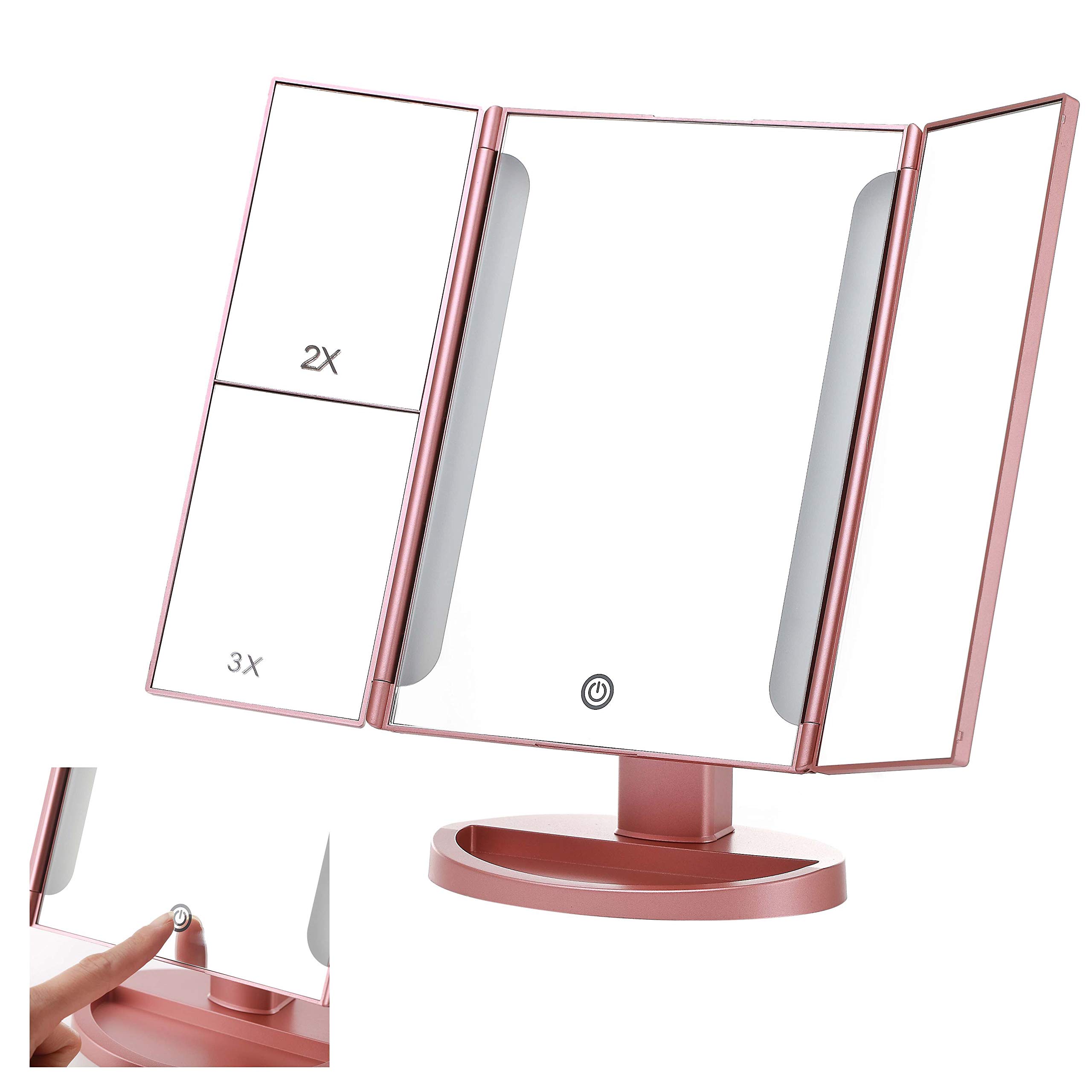 Miss Sweet Lighted Trifold Makeup Mirror - Rose Gold Vanity Mirror with LED Lights for Beauty & Makeup | Perfect for Dressing Table, Bedroom, and Travel