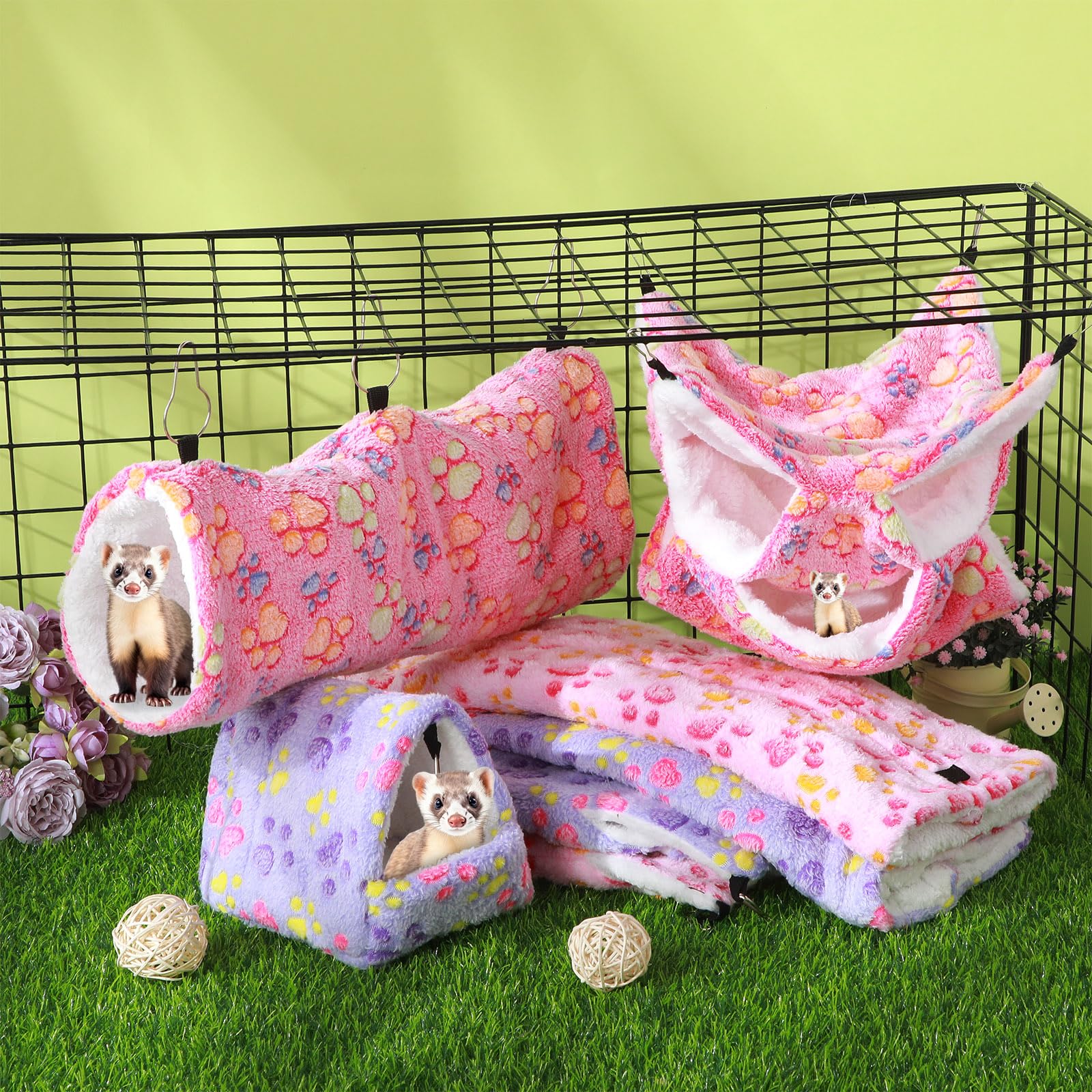 9-Piece Rat Hammock Set for Guinea Pigs & Ferrets - Small Pet Hanging Tunnel, Glider Toy & Hideout Bed Cage Accessories for Hamsters (Purple, Pink, Rose Red, Paw Print) - Perfect for Small Animal Playtime & Cage Enrichment