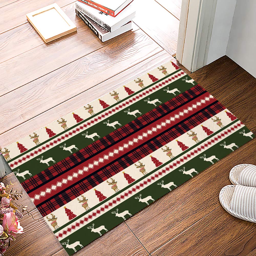 Non-Slip Christmas Doormat with Elk & Snowflake Design - Absorbent Indoor Front Door Mat with Rubber Backing - Machine Washable Xmas Tree Floor Mat for Home Entrance, Holiday Decor & Pet Use