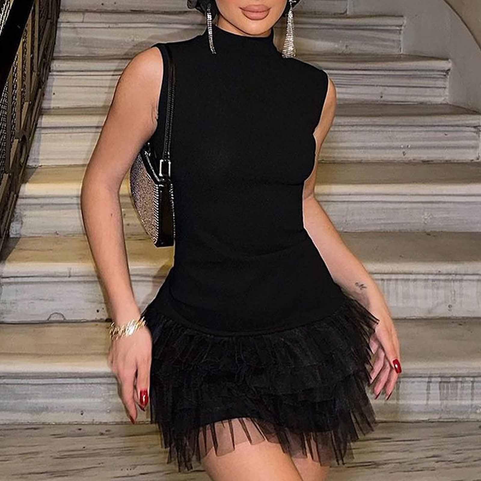 Y2K Women's Summer Mini Dress - Mock Neck, Bodycon, Cap Sleeve with Ruffle Lace Hem | Casual Streetwear for Beach, Party & Date Night Outfits